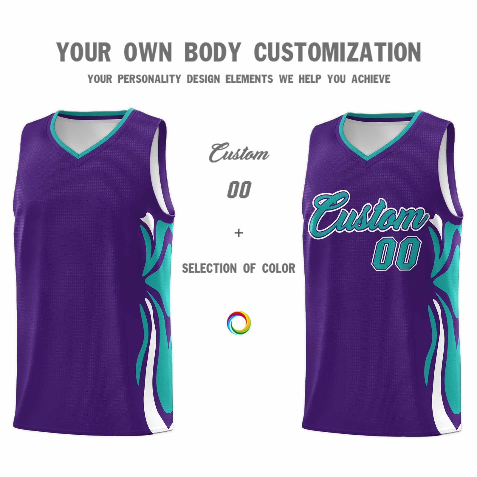 Custom Purple Aqua-White Graffiti Pattern Side Curve Pattern Sports Uniform Basketball Jersey Sets