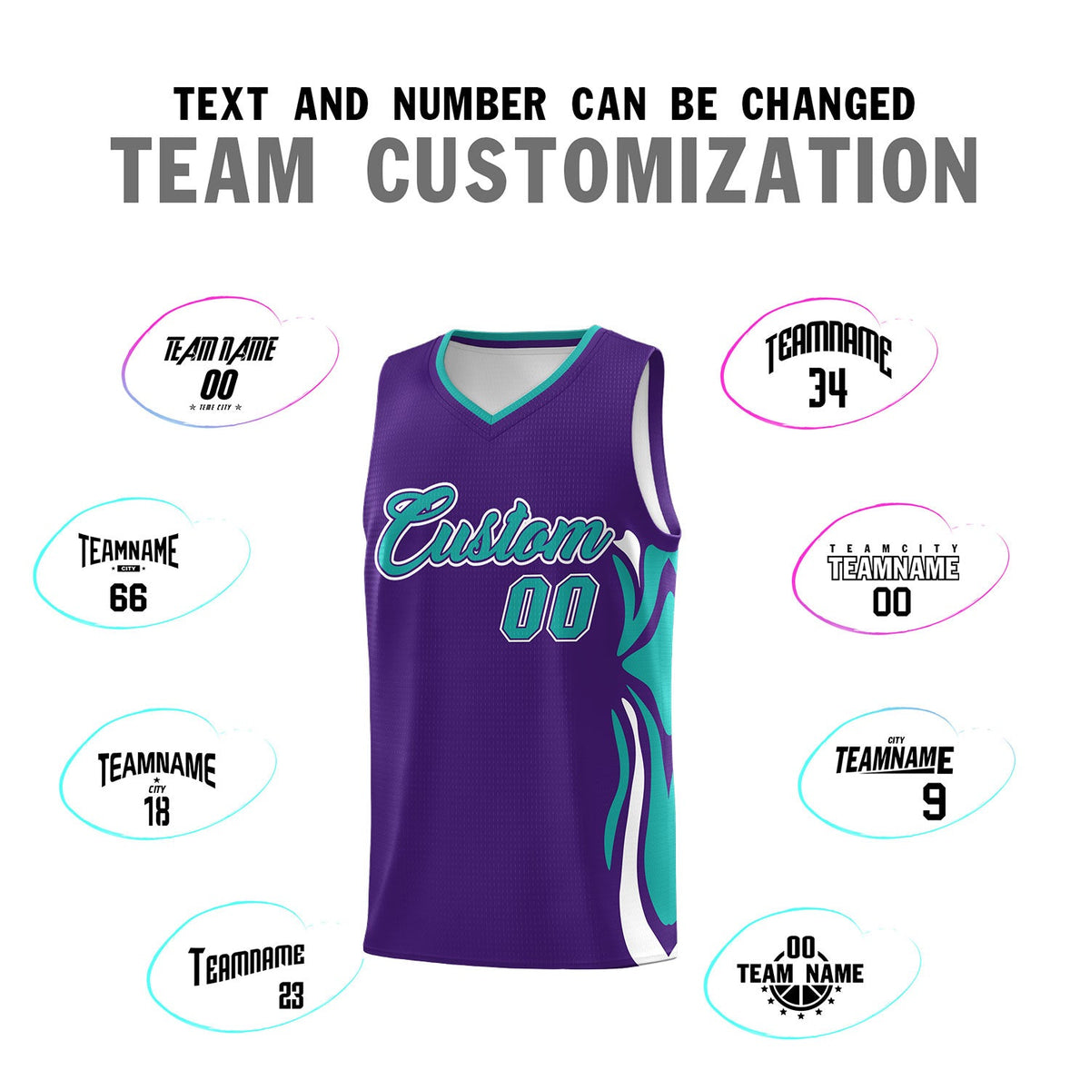 Custom Purple Aqua-White Graffiti Pattern Side Curve Pattern Sports Uniform Basketball Jersey Sets