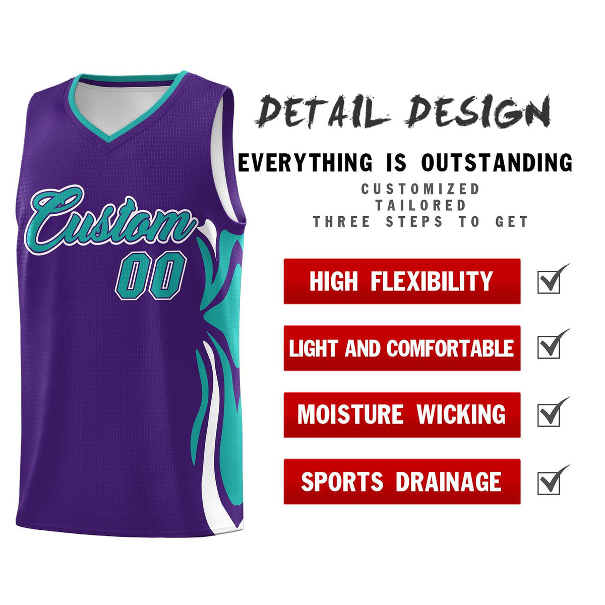 Custom Purple Aqua-White Graffiti Pattern Side Curve Pattern Sports Uniform Basketball Jersey Sets