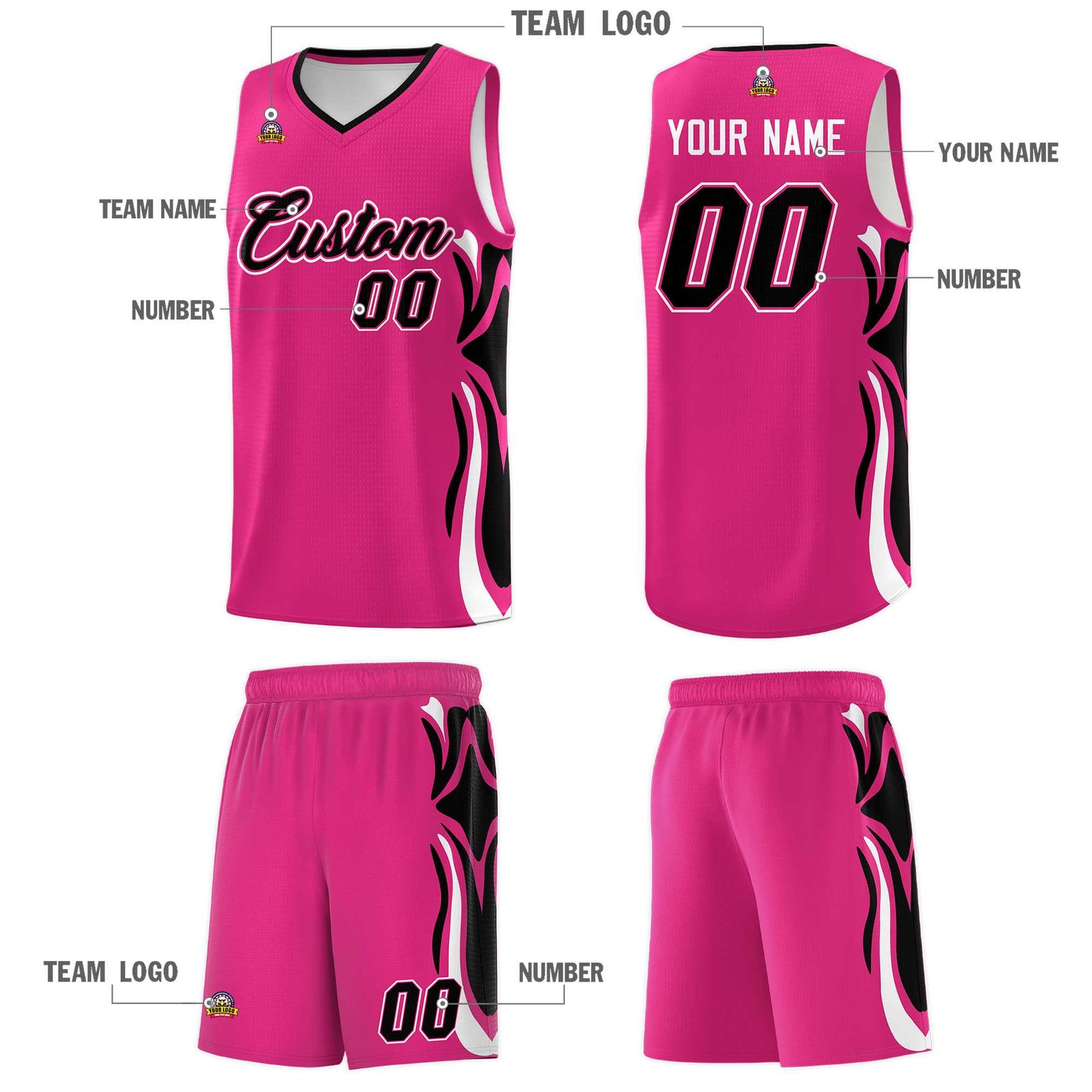 Custom Pink Black-White Graffiti Pattern Side Curve Pattern Sports Uniform Basketball Jersey Sets