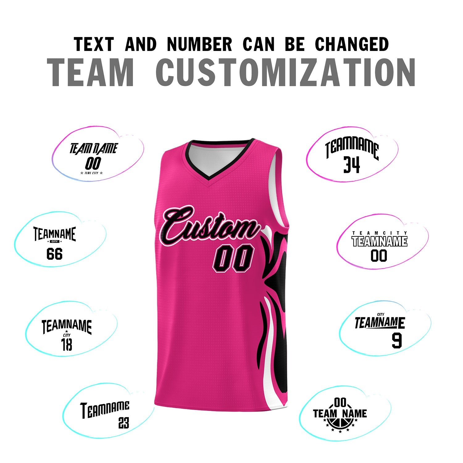 Custom Pink Black-White Graffiti Pattern Side Curve Pattern Sports Uniform Basketball Jersey Sets