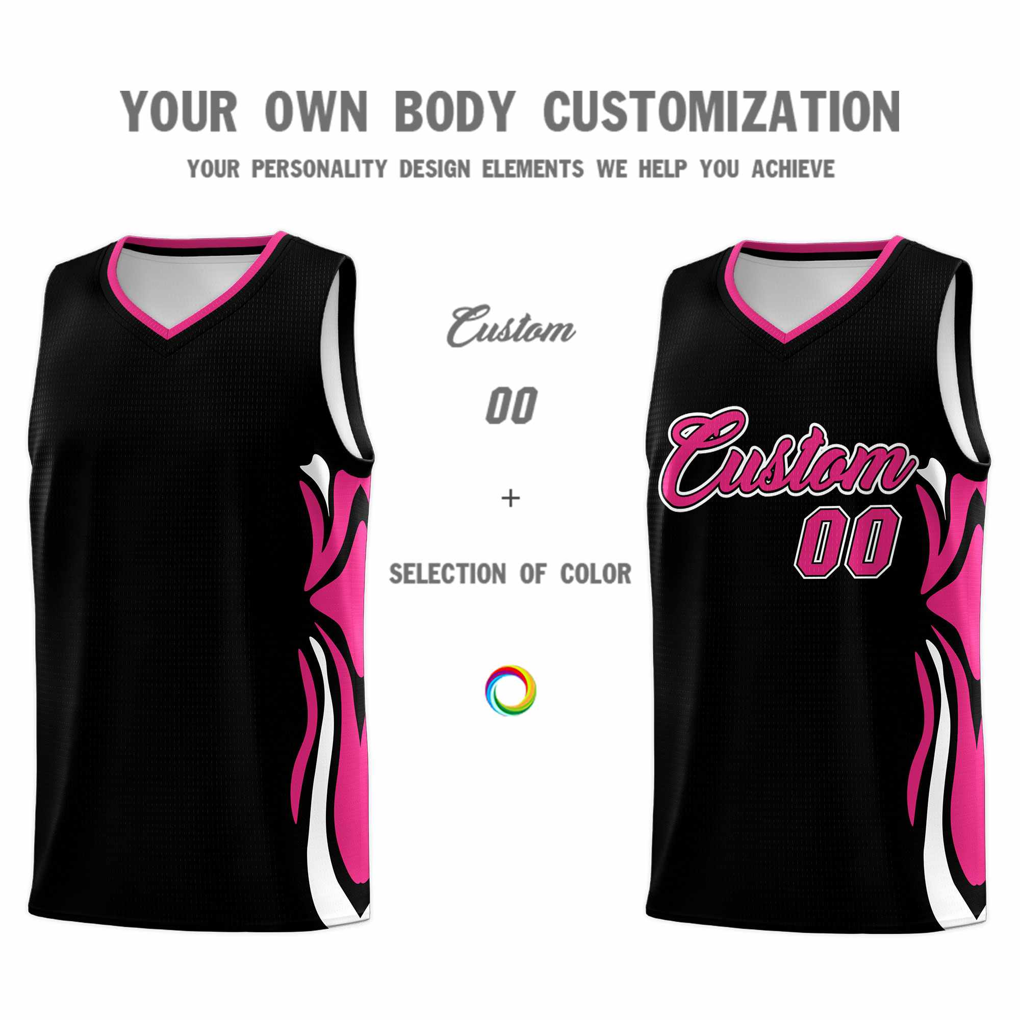Custom Black Pink-White Graffiti Pattern Side Curve Pattern Sports Uniform Basketball Jersey Sets