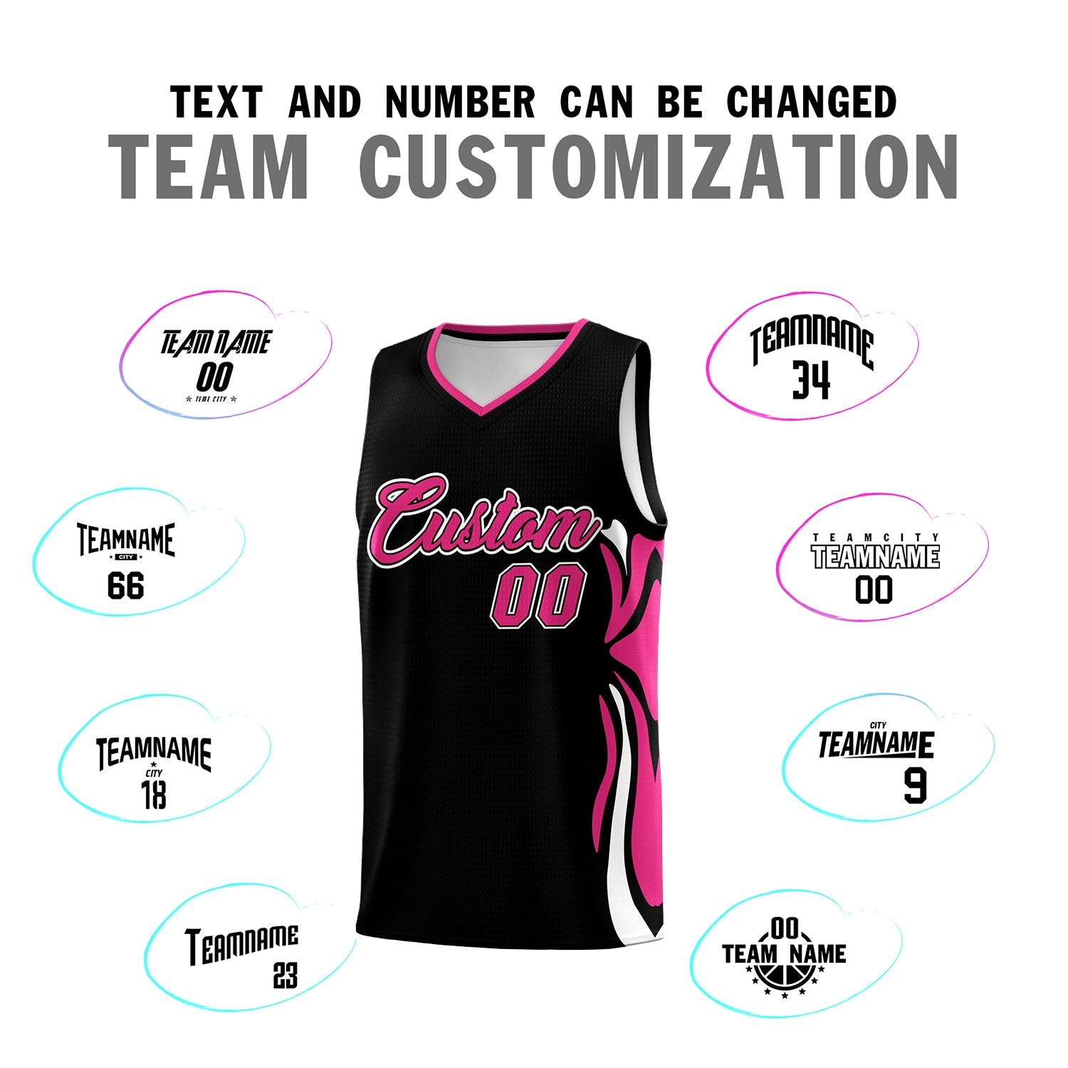 Custom Black Pink-White Graffiti Pattern Side Curve Pattern Sports Uniform Basketball Jersey Sets