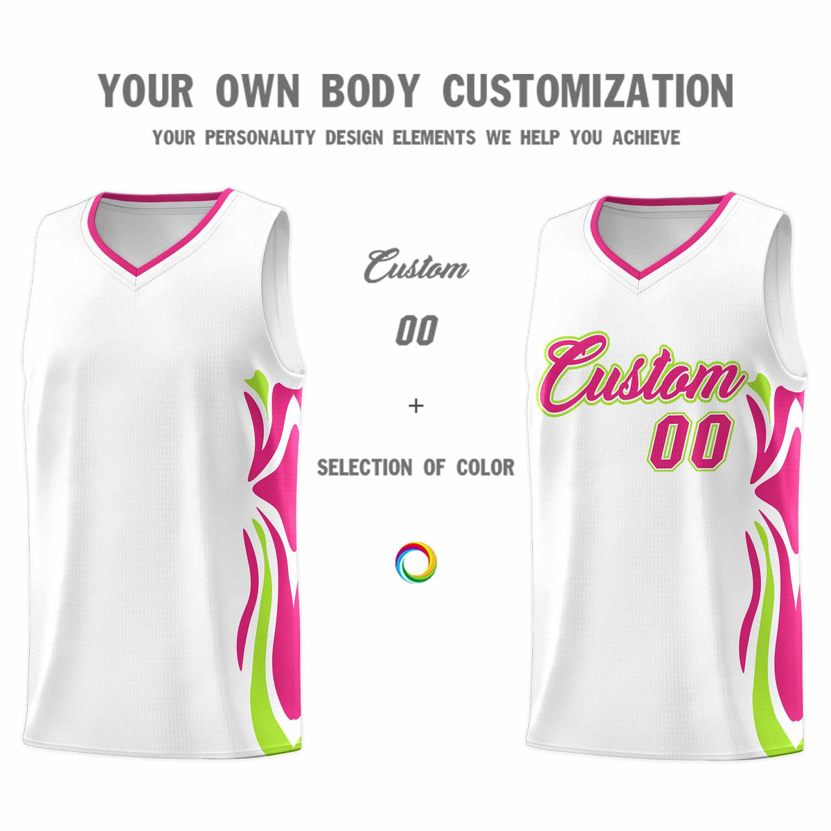 Custom White Pink-Light Green Graffiti Pattern Side Curve Pattern Sports Uniform Basketball Jersey Sets