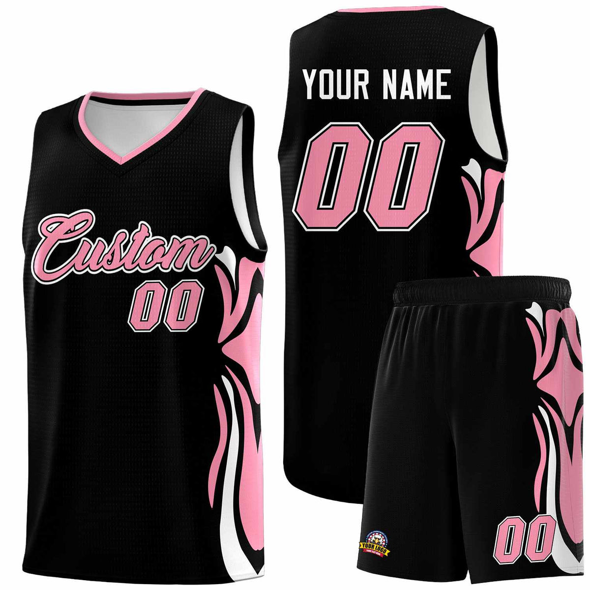 Custom Black Light Pink-White Graffiti Pattern Side Curve Pattern Sports Uniform Basketball Jersey Sets