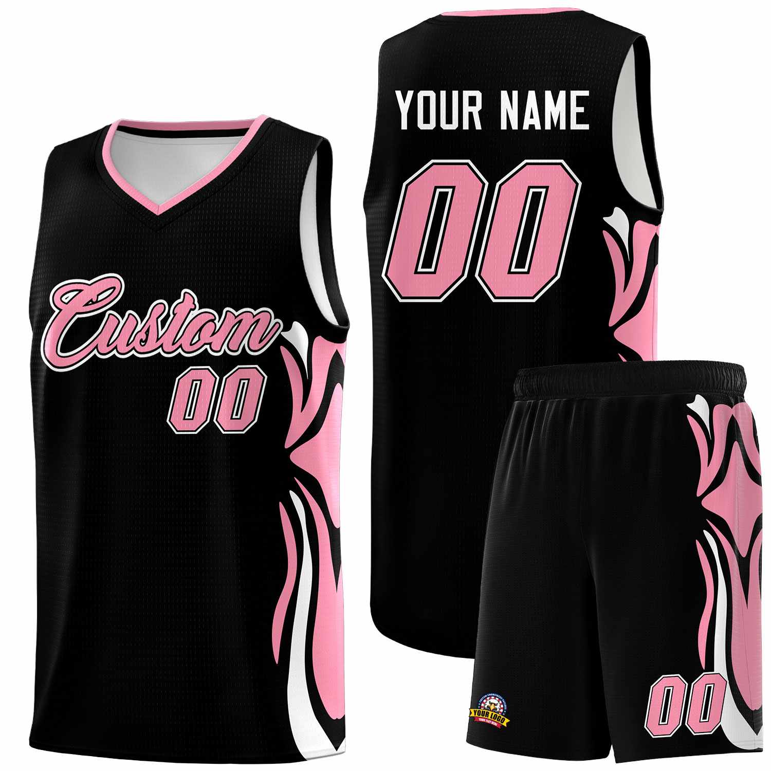 Custom Black Light Pink-White Graffiti Pattern Side Curve Pattern Sports Uniform Basketball Jersey Sets
