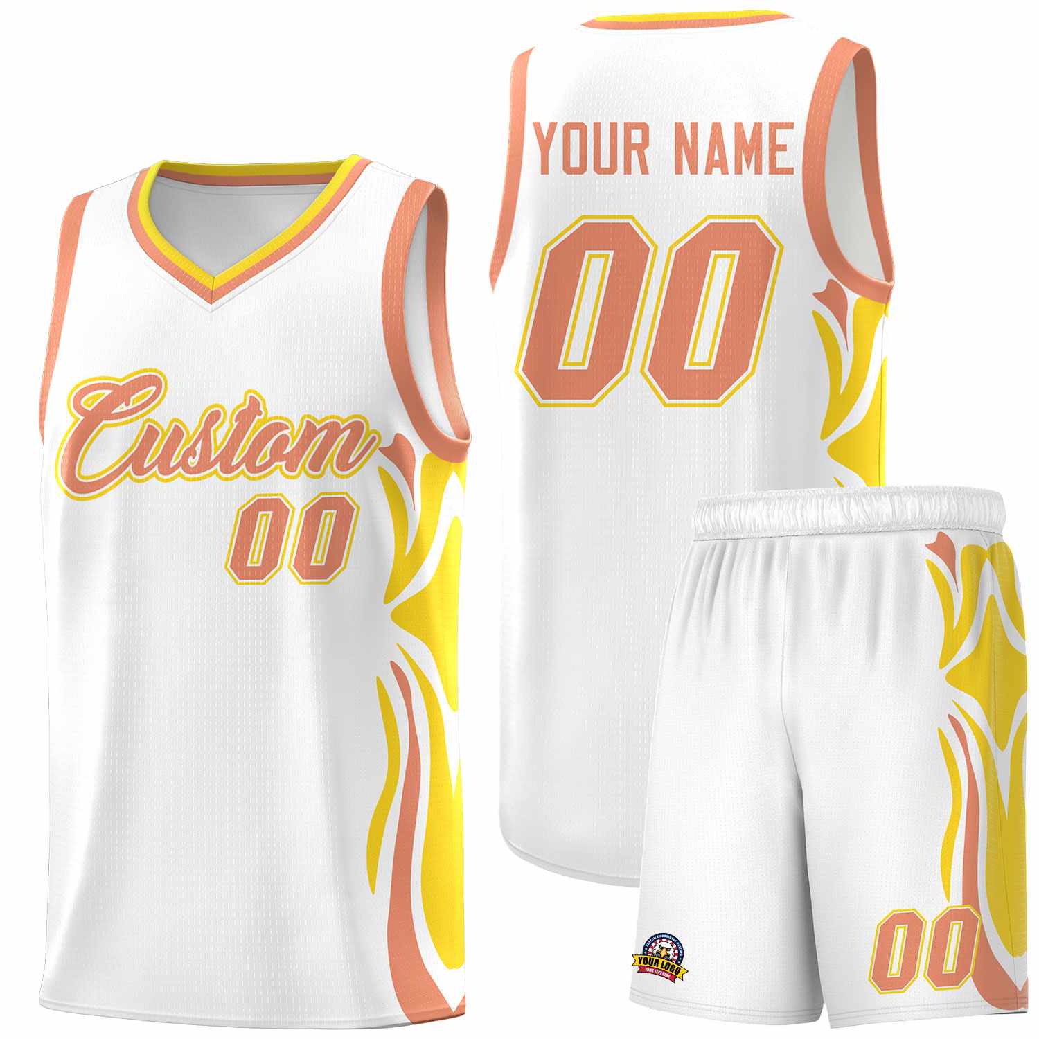 Custom White Light Orange-Gold Graffiti Pattern Side Curve Pattern Sports Uniform Basketball Jersey Sets