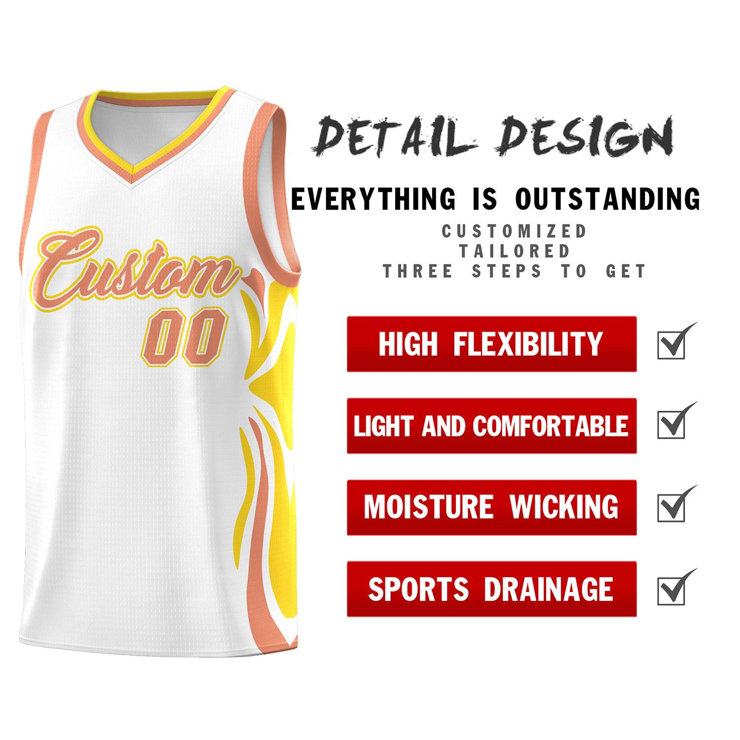 Custom White Light Orange-Gold Graffiti Pattern Side Curve Pattern Sports Uniform Basketball Jersey Sets