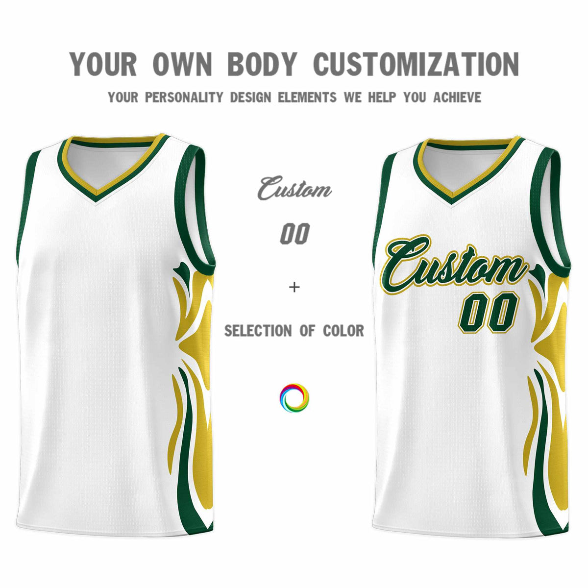 Custom White Green-Old Gold Graffiti Pattern Side Curve Pattern Sports Uniform Basketball Jersey Sets