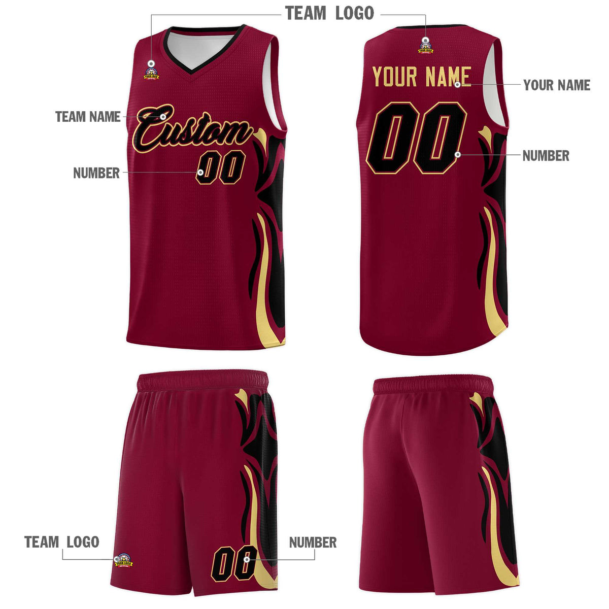 Custom Crimson Black-Khaki Graffiti Pattern Side Curve Pattern Sports Uniform Basketball Jersey Sets