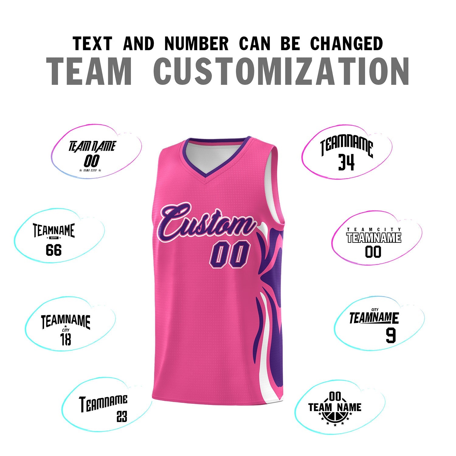 Custom Pink Purple-White Graffiti Pattern Side Curve Pattern Sports Uniform Basketball Jersey Sets