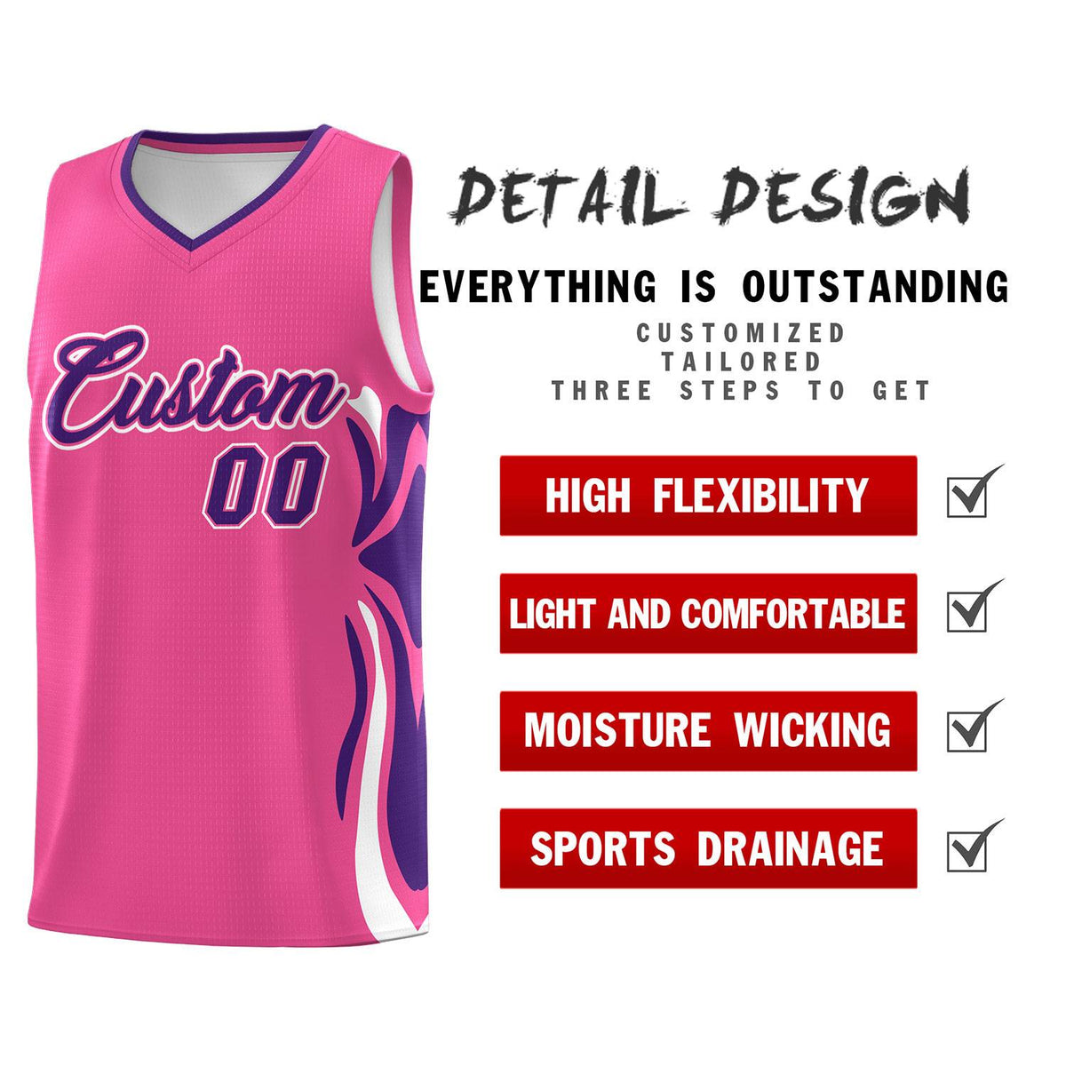 Custom Pink Purple-White Graffiti Pattern Side Curve Pattern Sports Uniform Basketball Jersey Sets