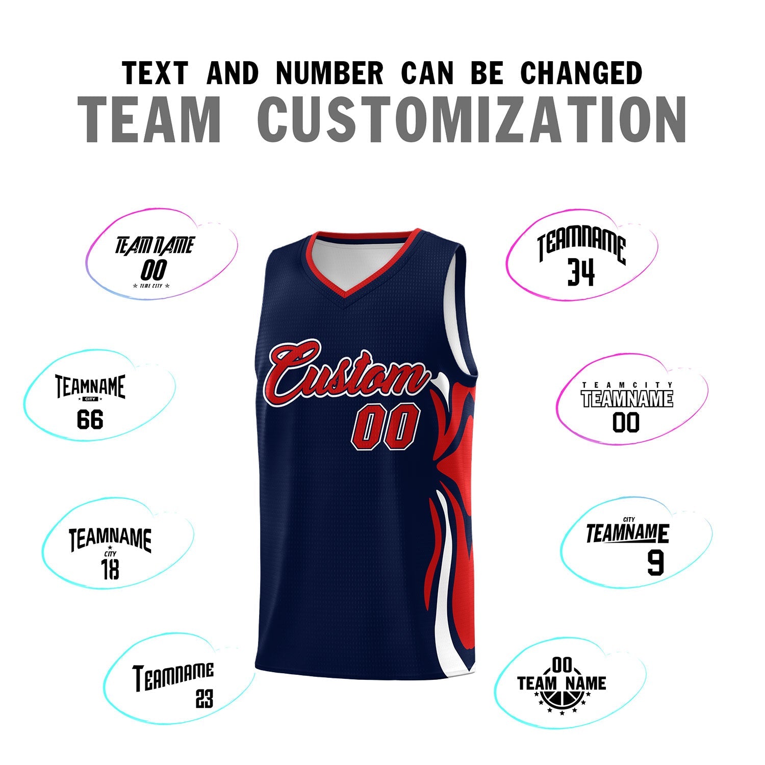 Custom Navy Red-White Graffiti Pattern Side Curve Pattern Sports Uniform Basketball Jersey Sets