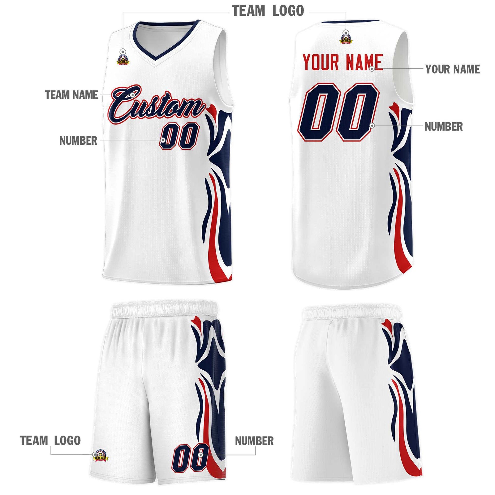 Custom White Navy-Red Graffiti Pattern Side Curve Pattern Sports Uniform Basketball Jersey Sets