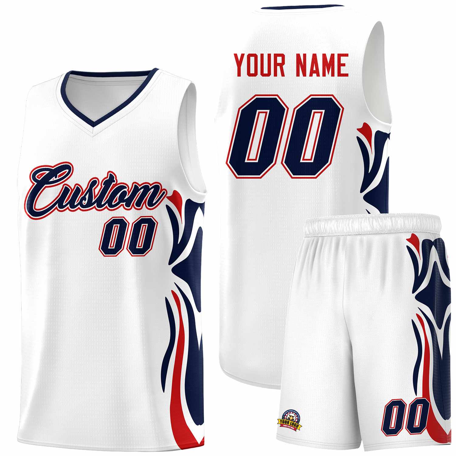 Custom White Navy-Red Graffiti Pattern Side Curve Pattern Sports Uniform Basketball Jersey Sets