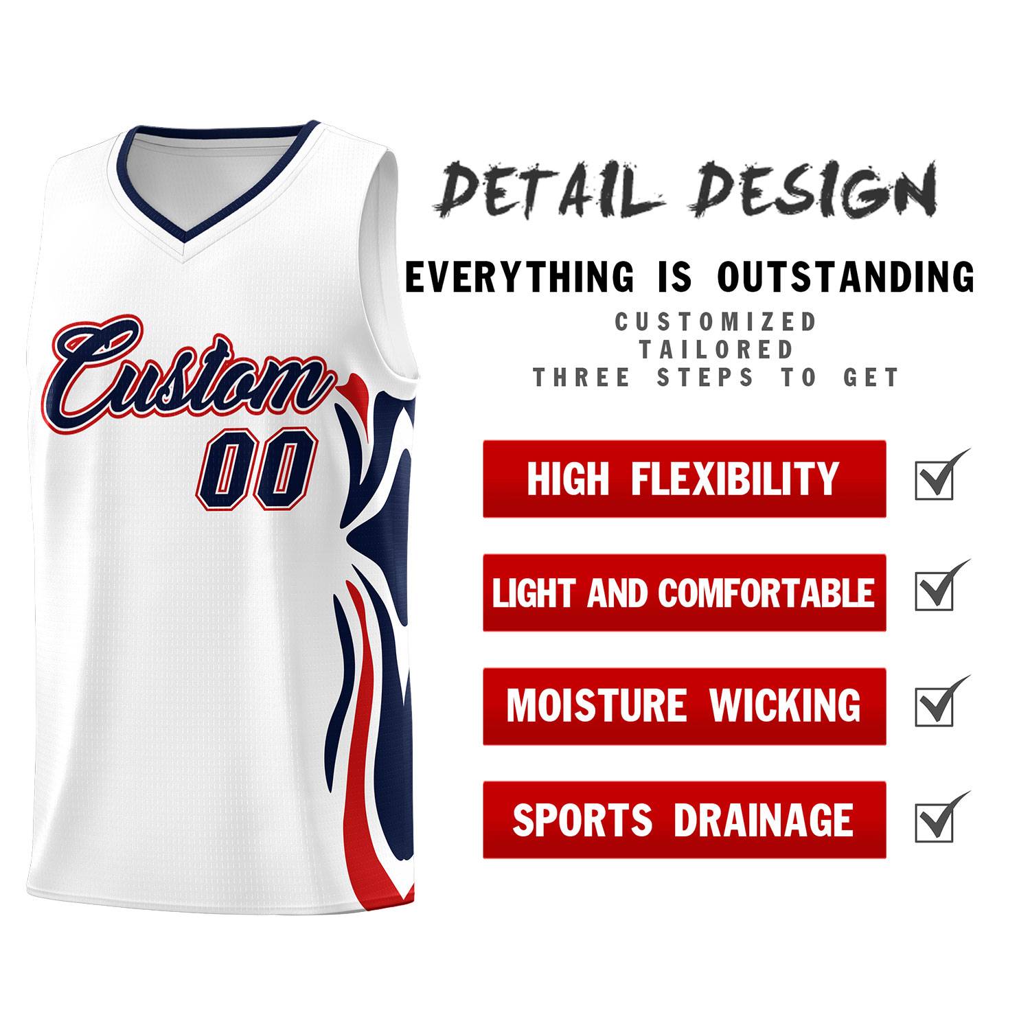 Custom White Navy-Red Graffiti Pattern Side Curve Pattern Sports Uniform Basketball Jersey Sets