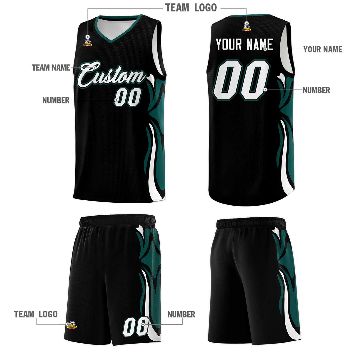 Custom Black White-Midnight Green Graffiti Pattern Side Curve Pattern Sports Uniform Basketball Jersey Sets