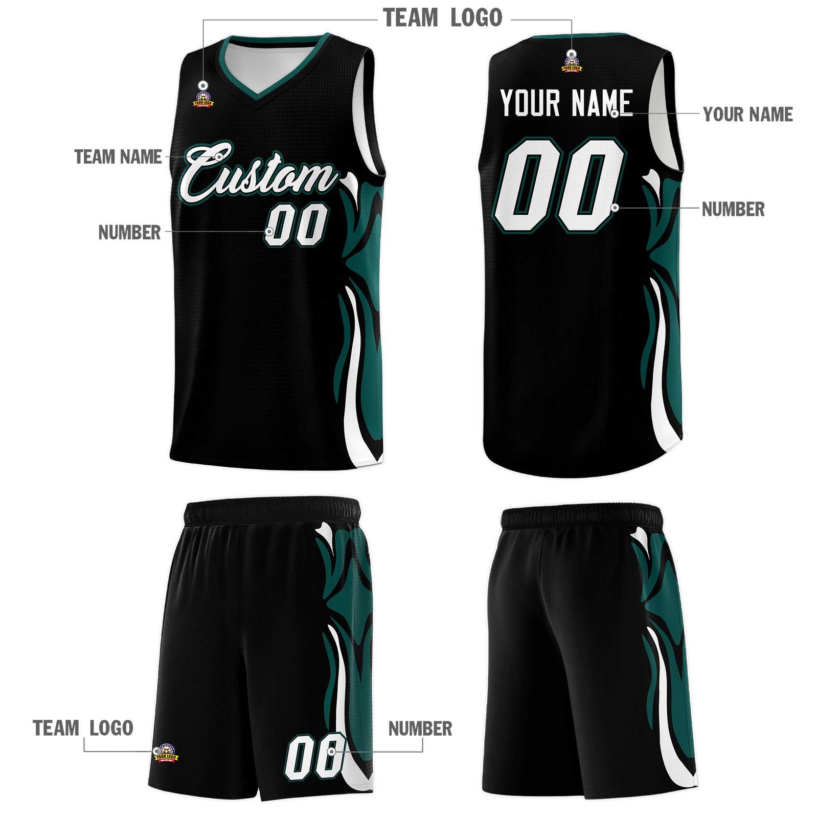 Custom Black White-Midnight Green Graffiti Pattern Side Curve Pattern Sports Uniform Basketball Jersey Sets