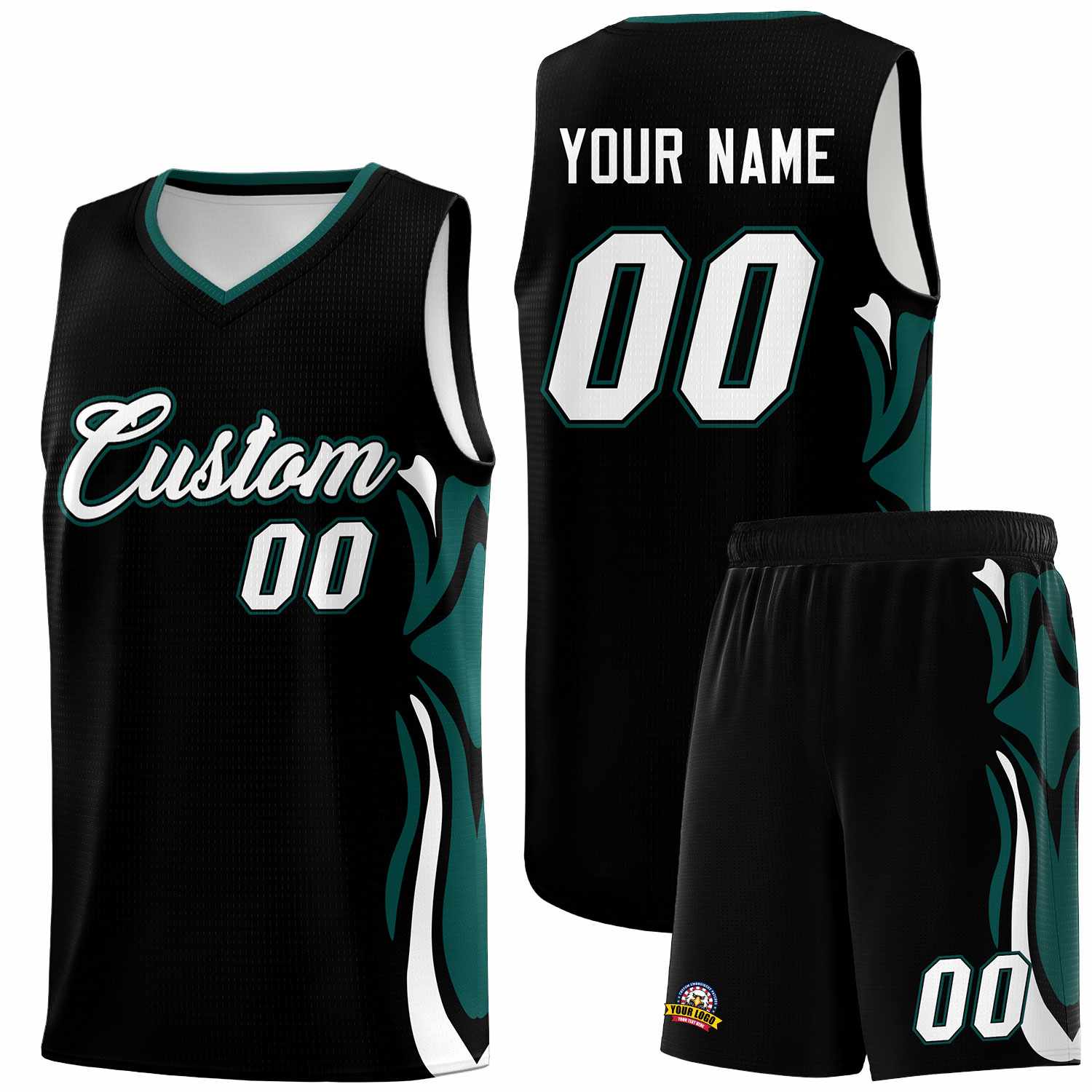 Custom Black White-Midnight Green Graffiti Pattern Side Curve Pattern Sports Uniform Basketball Jersey Sets
