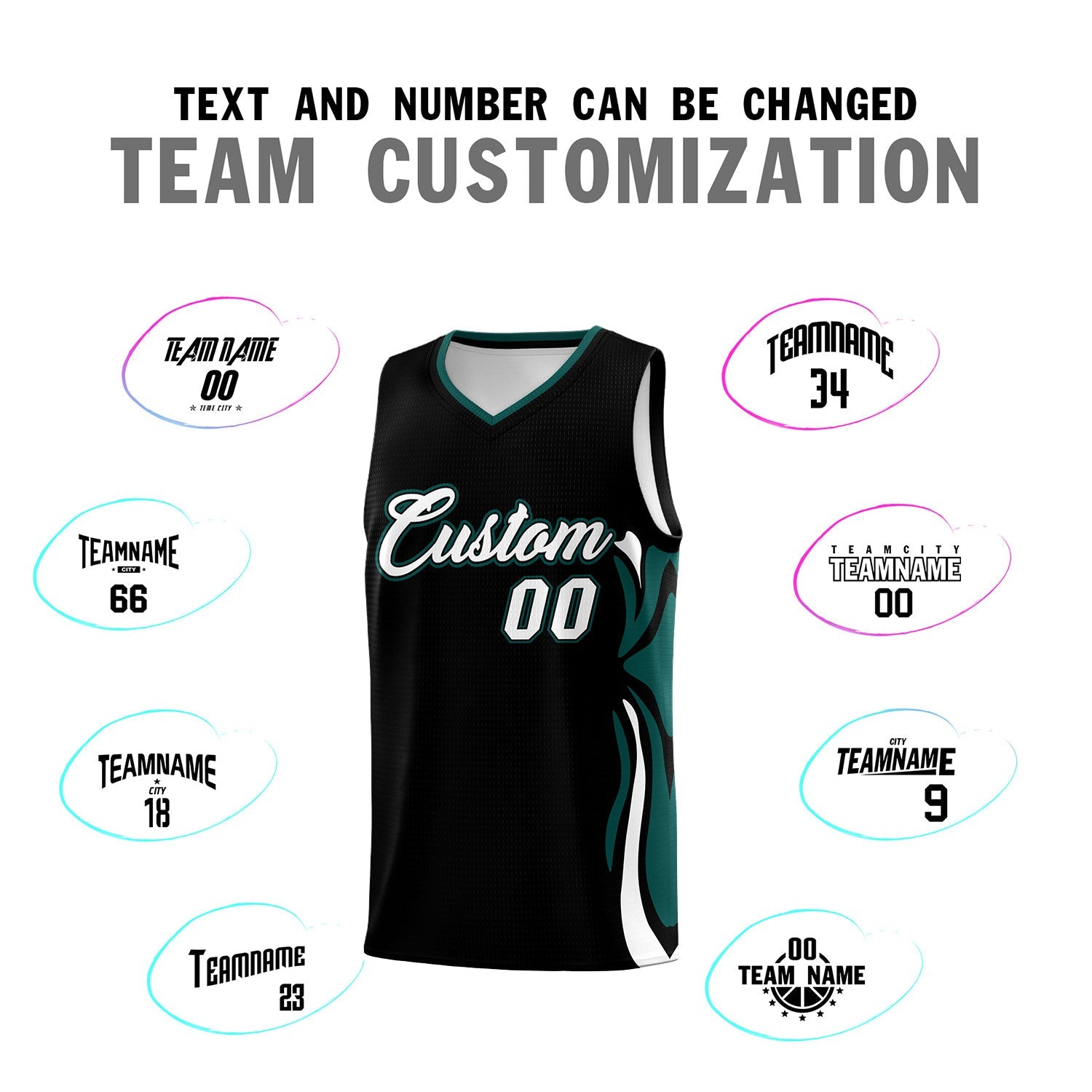Custom Black White-Midnight Green Graffiti Pattern Side Curve Pattern Sports Uniform Basketball Jersey Sets
