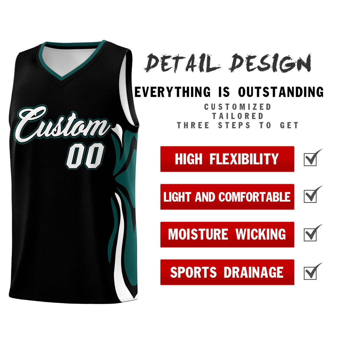 Custom Black White-Midnight Green Graffiti Pattern Side Curve Pattern Sports Uniform Basketball Jersey Sets