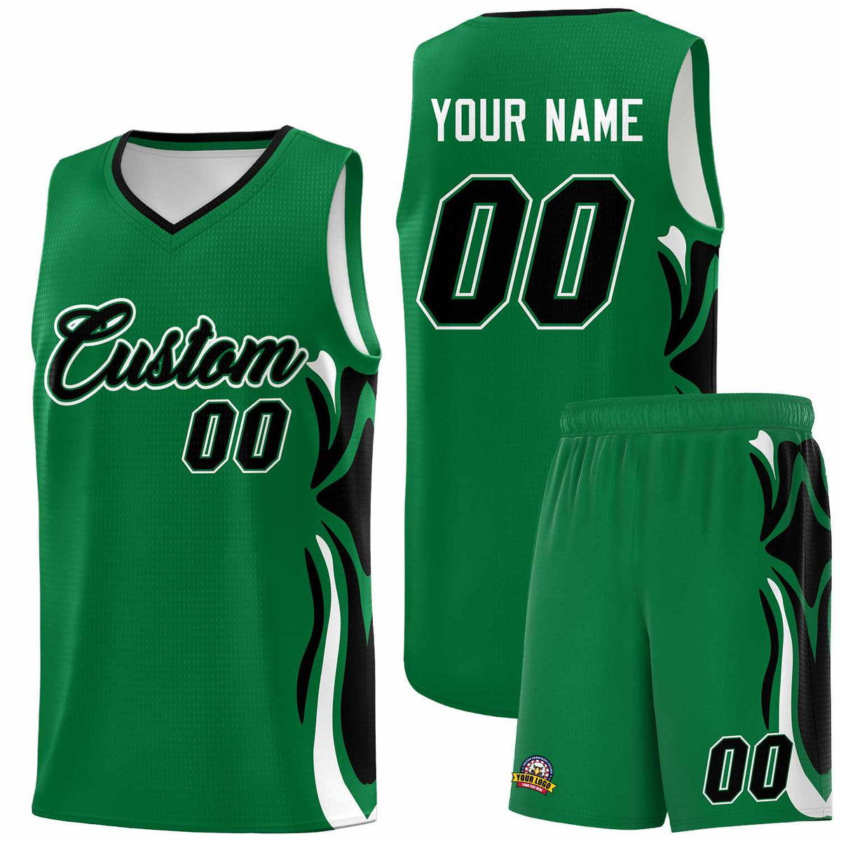 Custom Kelly Green Black-White Graffiti Pattern Side Curve Pattern Sports Uniform Basketball Jersey Sets
