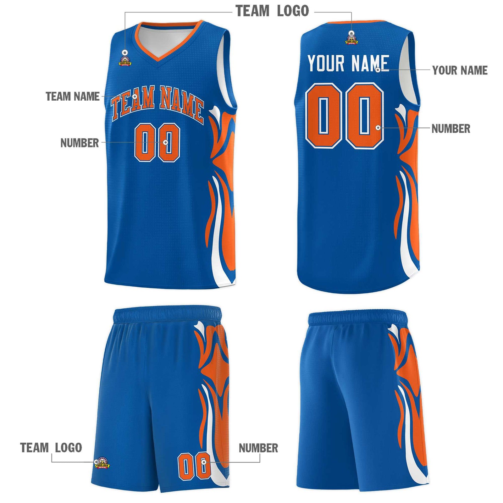 Custom Royal Orange-White Graffiti Pattern Side Curve Pattern Sports Uniform Basketball Jersey Sets