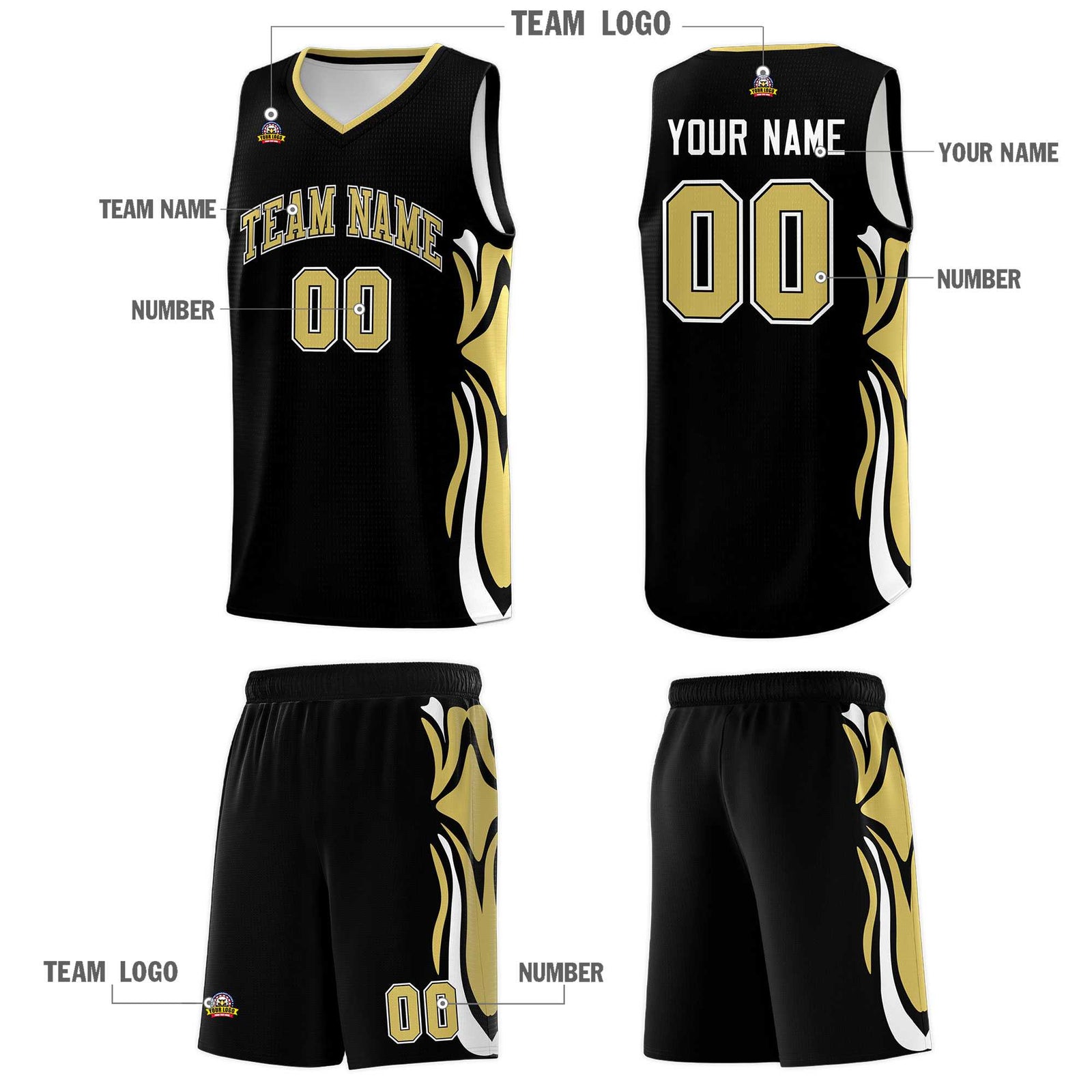 Custom Black Old Gold-White Graffiti Pattern Side Curve Pattern Sports Uniform Basketball Jersey Sets