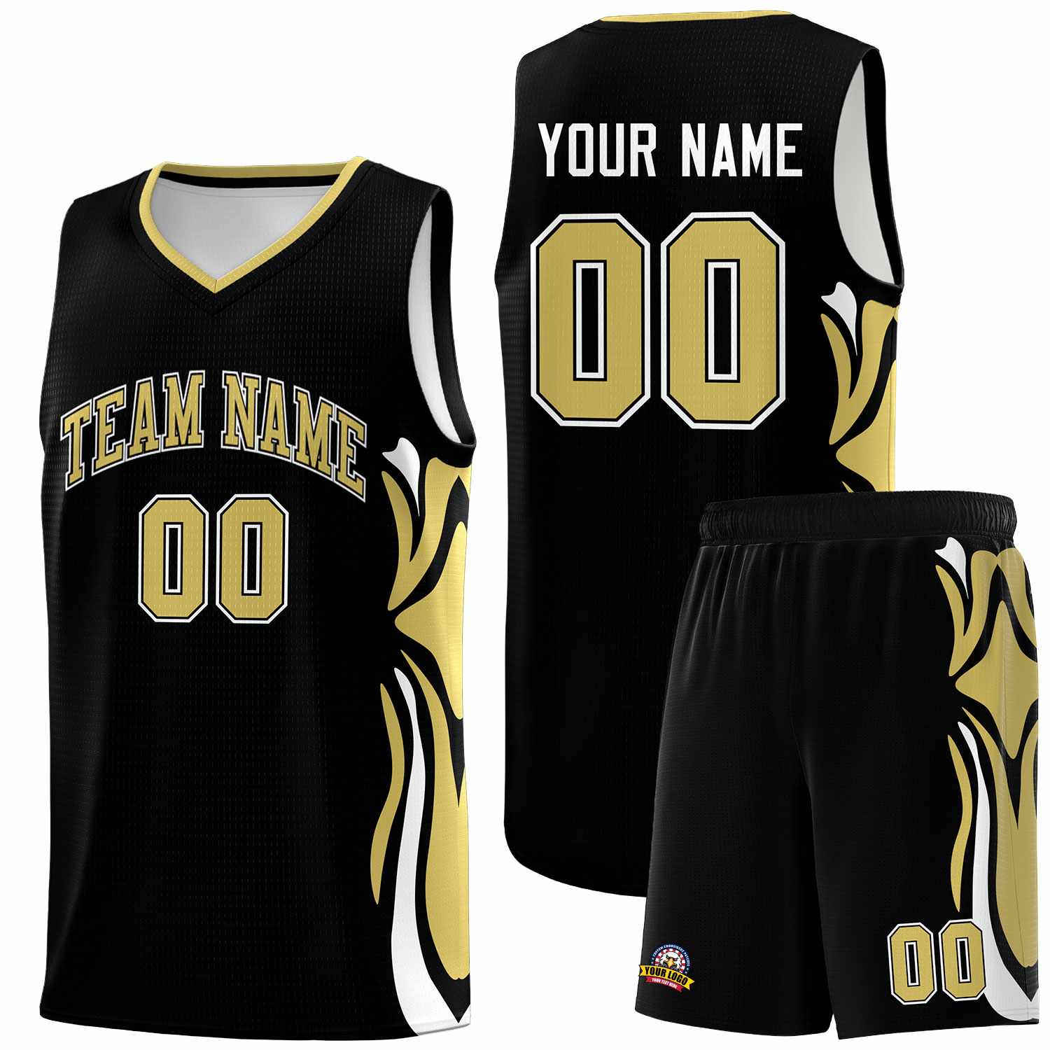 Custom Black Old Gold-White Graffiti Pattern Side Curve Pattern Sports Uniform Basketball Jersey Sets