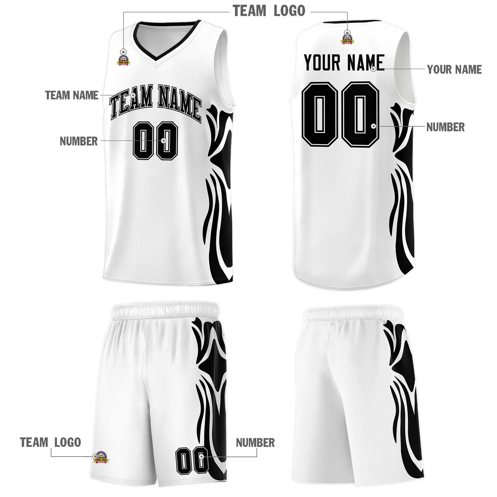 Custom White Black-Black Graffiti Pattern Side Curve Pattern Sports Uniform Basketball Jersey Sets