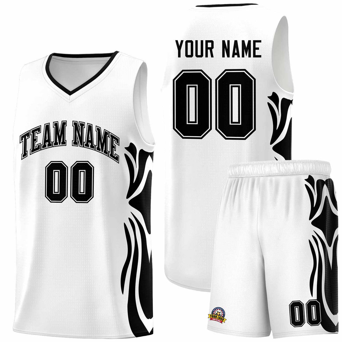 Custom White Black-Black Graffiti Pattern Side Curve Pattern Sports Uniform Basketball Jersey Sets