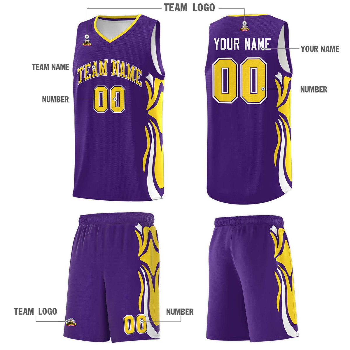 Custom Purple Gold-White Graffiti Pattern Side Curve Pattern Sports Uniform Basketball Jersey Sets
