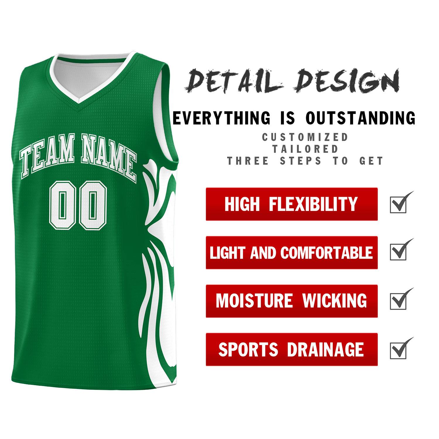 Custom Kelly Green White-White Graffiti Pattern Side Curve Pattern Sports Uniform Basketball Jersey Sets