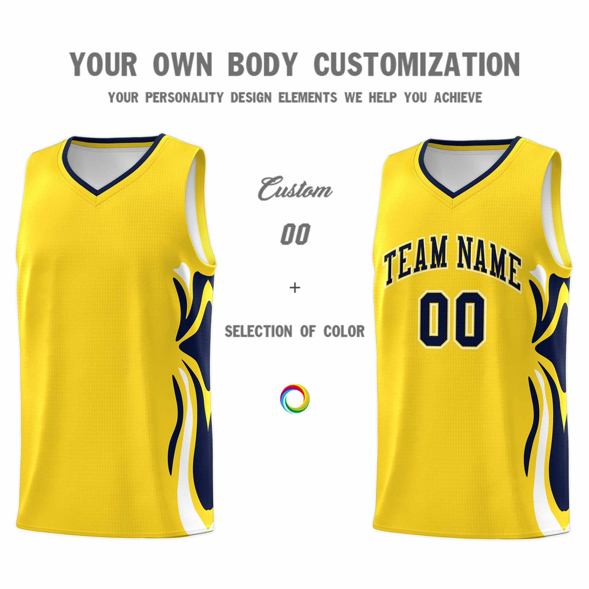 Custom Gold Navy-White Graffiti Pattern Side Curve Pattern Sports Uniform Basketball Jersey Sets