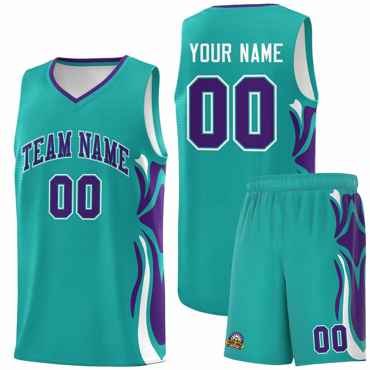 Custom Aqua Purple-White Graffiti Pattern Side Curve Pattern Sports Uniform Basketball Jersey Sets