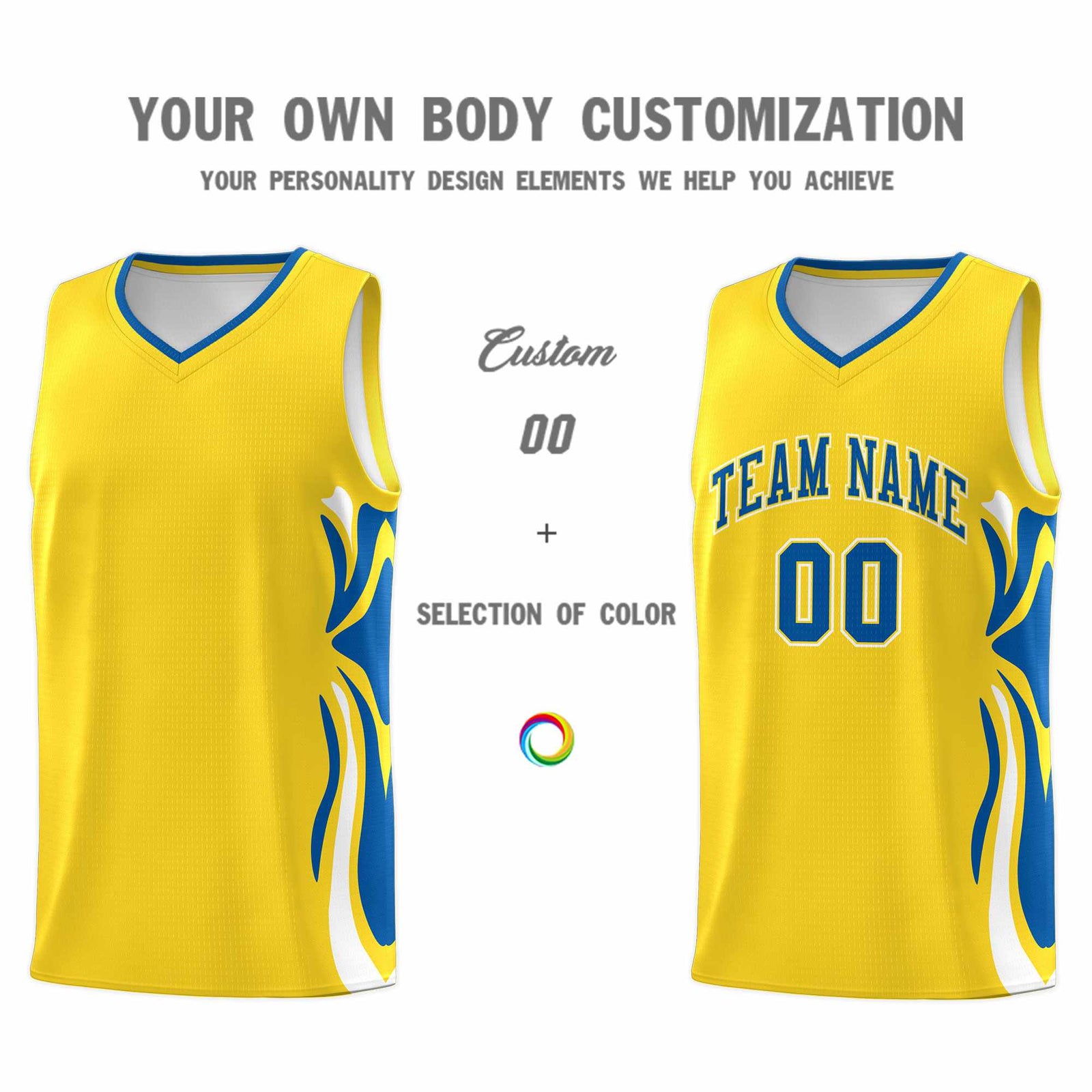 Custom Gold Royal-White Graffiti Pattern Side Curve Pattern Sports Uniform Basketball Jersey Sets