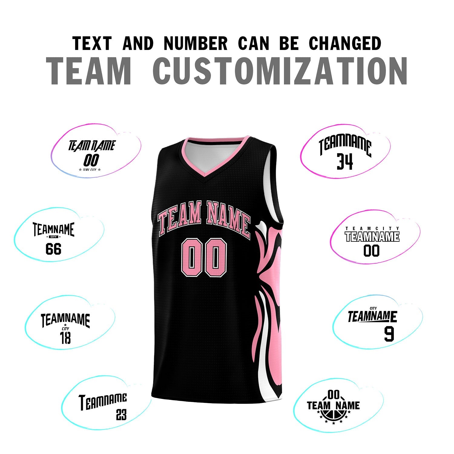 Custom Black Light Pink-White Graffiti Pattern Side Curve Pattern Sports Uniform Basketball Jersey Sets