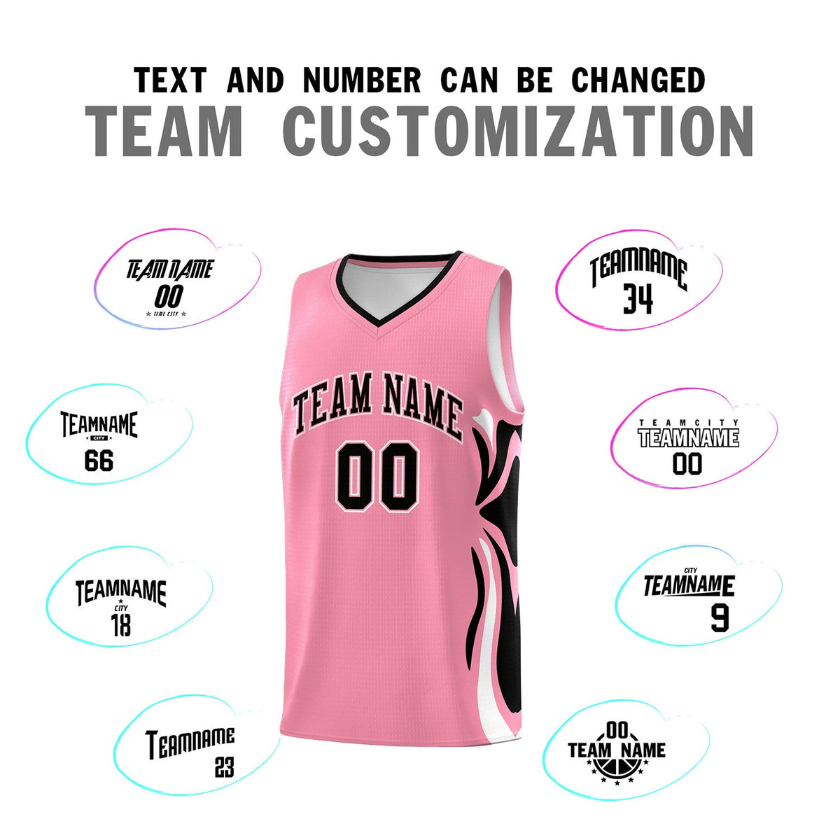 Custom Light Pink Black-White Graffiti Pattern Side Curve Pattern Sports Uniform Basketball Jersey Sets