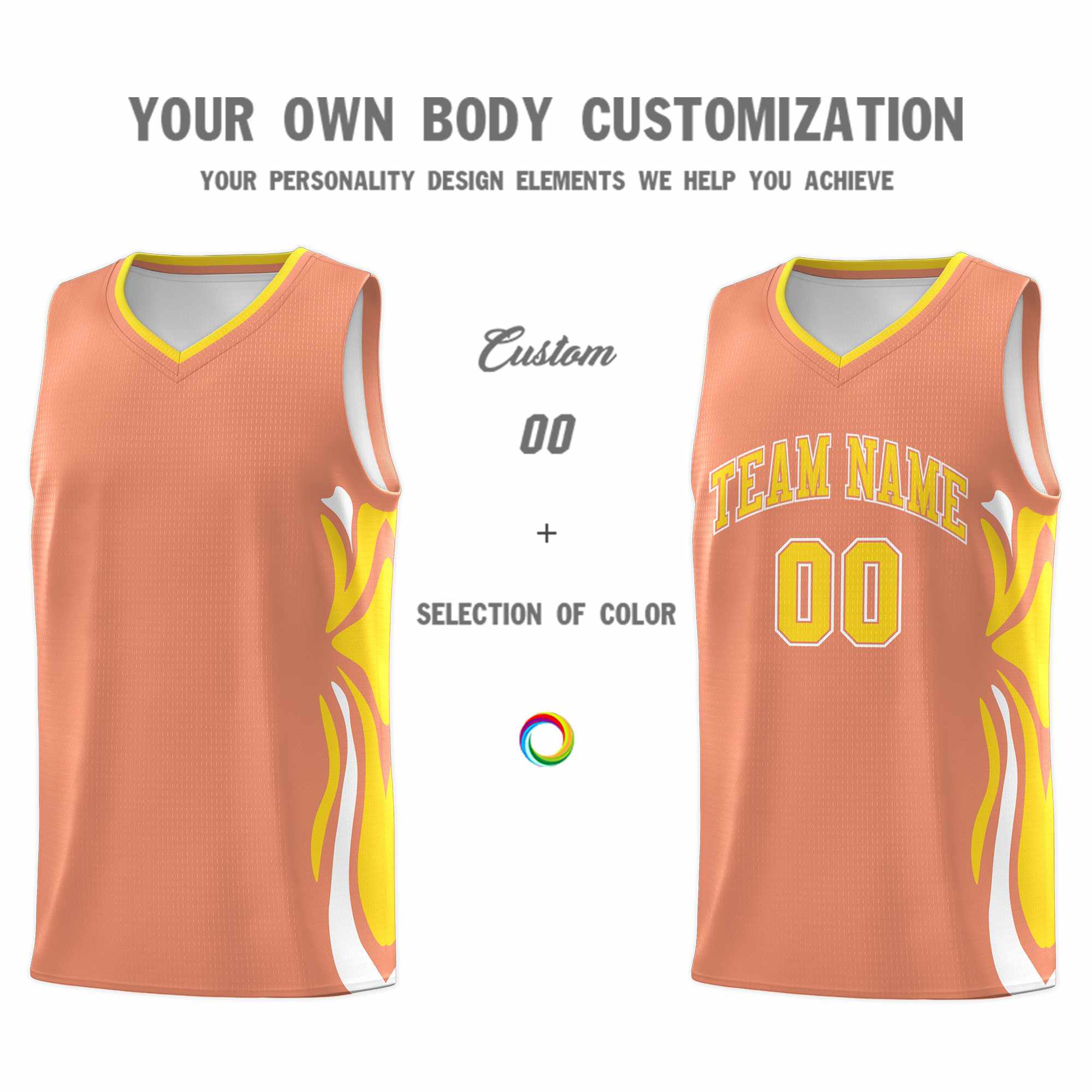 Custom Light Orange Gold-White Graffiti Pattern Side Curve Pattern Sports Uniform Basketball Jersey Sets