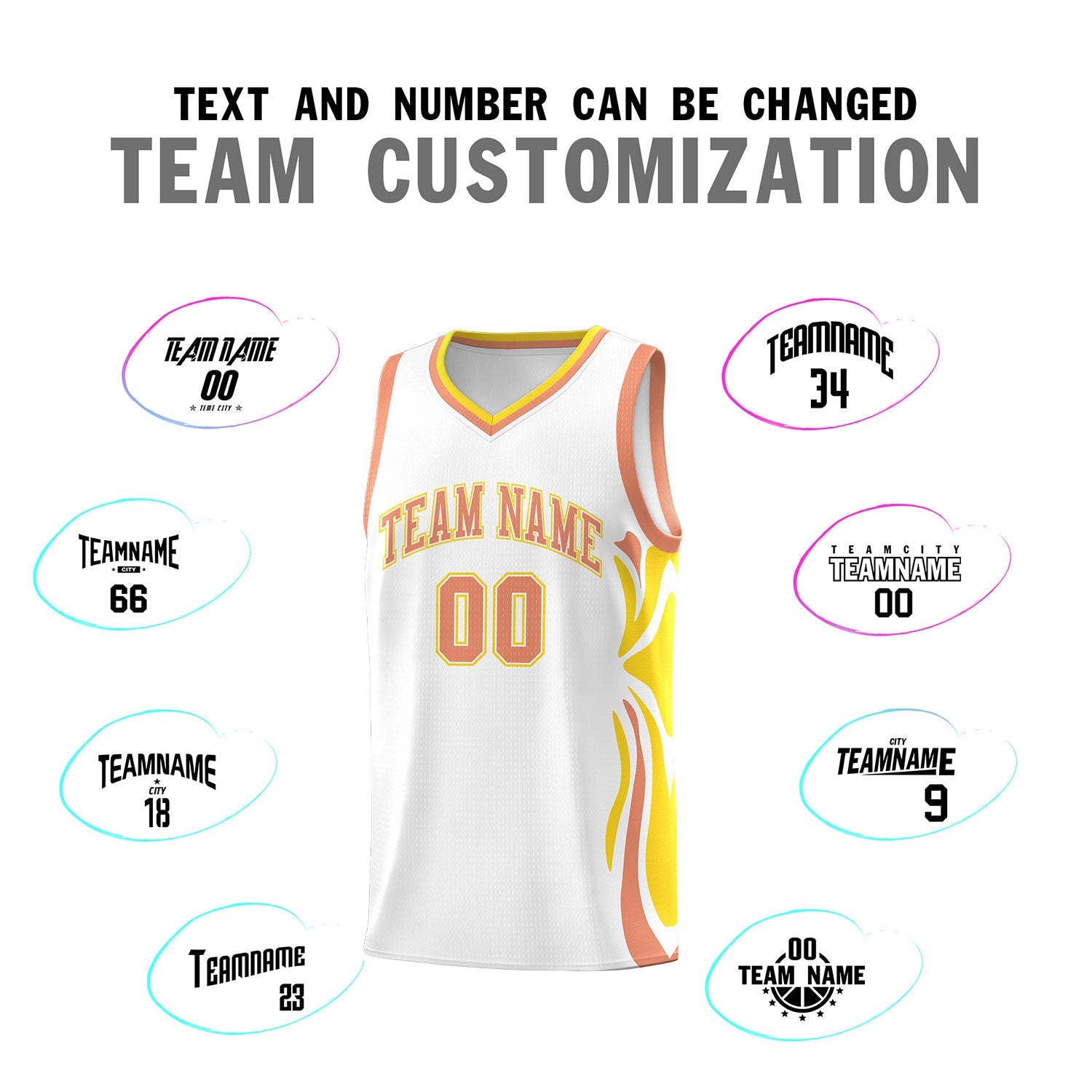Custom White Light Orange-Gold Graffiti Pattern Side Curve Pattern Sports Uniform Basketball Jersey Sets
