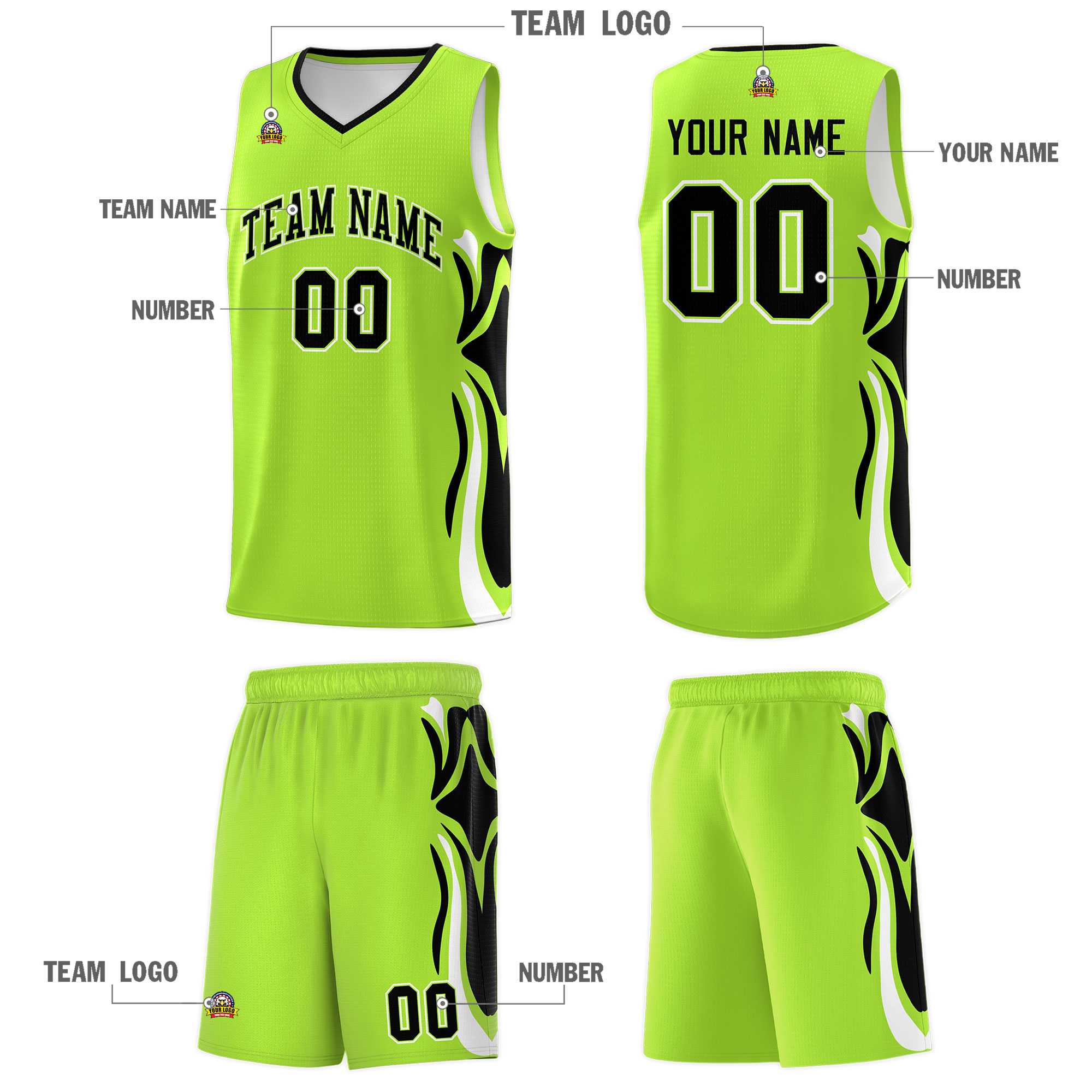 Custom Light Green Black-White Graffiti Pattern Side Curve Pattern Sports Uniform Basketball Jersey Sets
