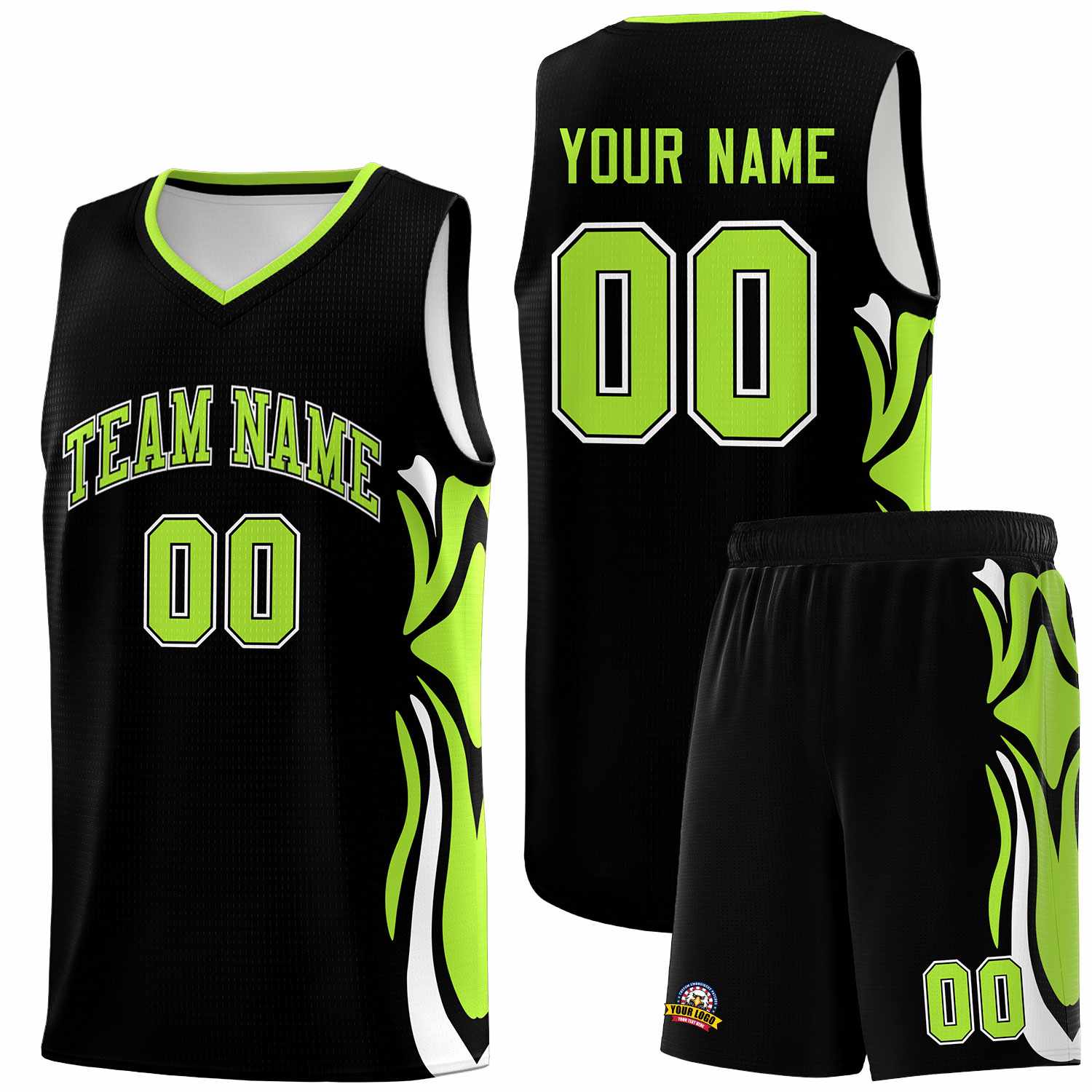 Custom Black Light Green-White Graffiti Pattern Side Curve Pattern Sports Uniform Basketball Jersey Sets