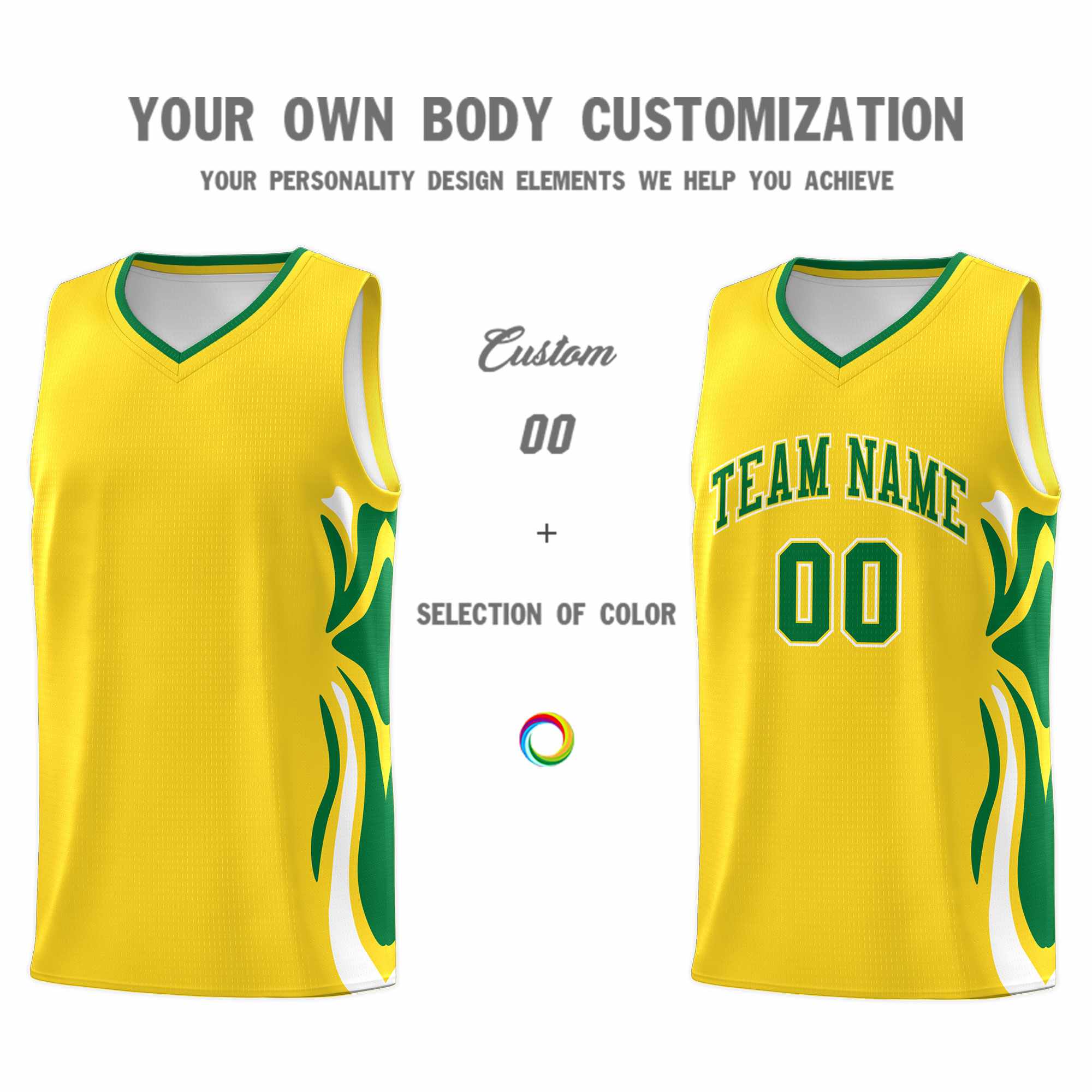 Custom Gold Kelly Green-White Graffiti Pattern Side Curve Pattern Sports Uniform Basketball Jersey Sets