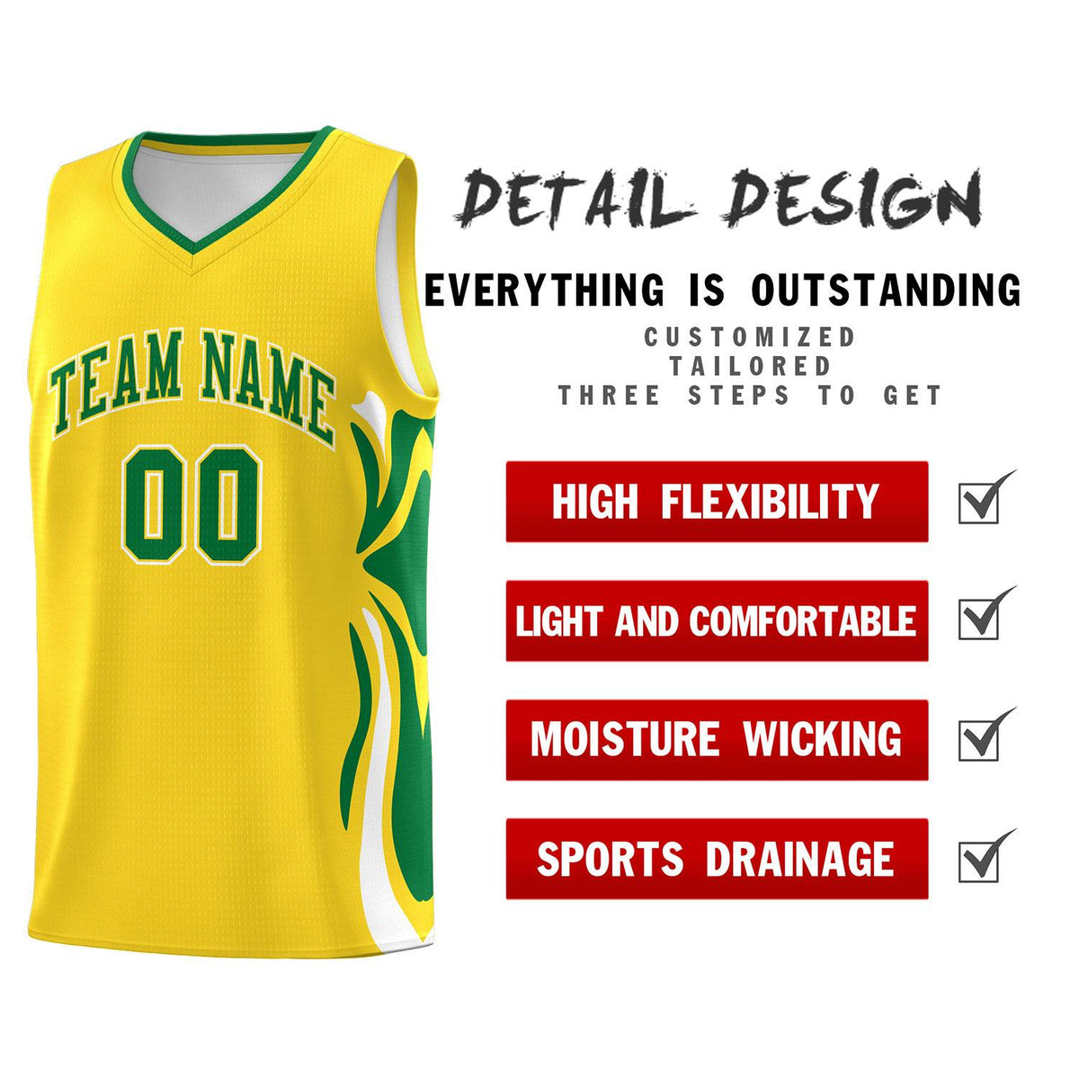 Custom Gold Kelly Green-White Graffiti Pattern Side Curve Pattern Sports Uniform Basketball Jersey Sets