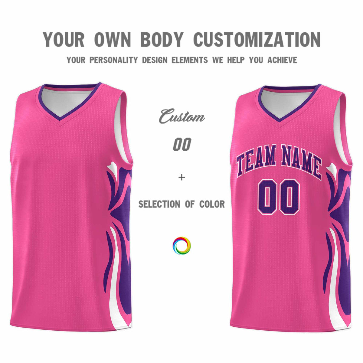 Custom Pink Purple-White Graffiti Pattern Side Curve Pattern Sports Uniform Basketball Jersey Sets