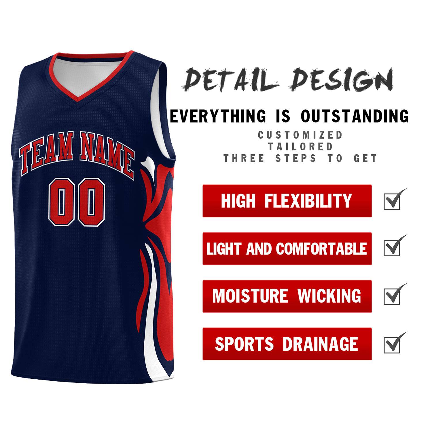 Custom Navy Red-White Graffiti Pattern Side Curve Pattern Sports Uniform Basketball Jersey Sets