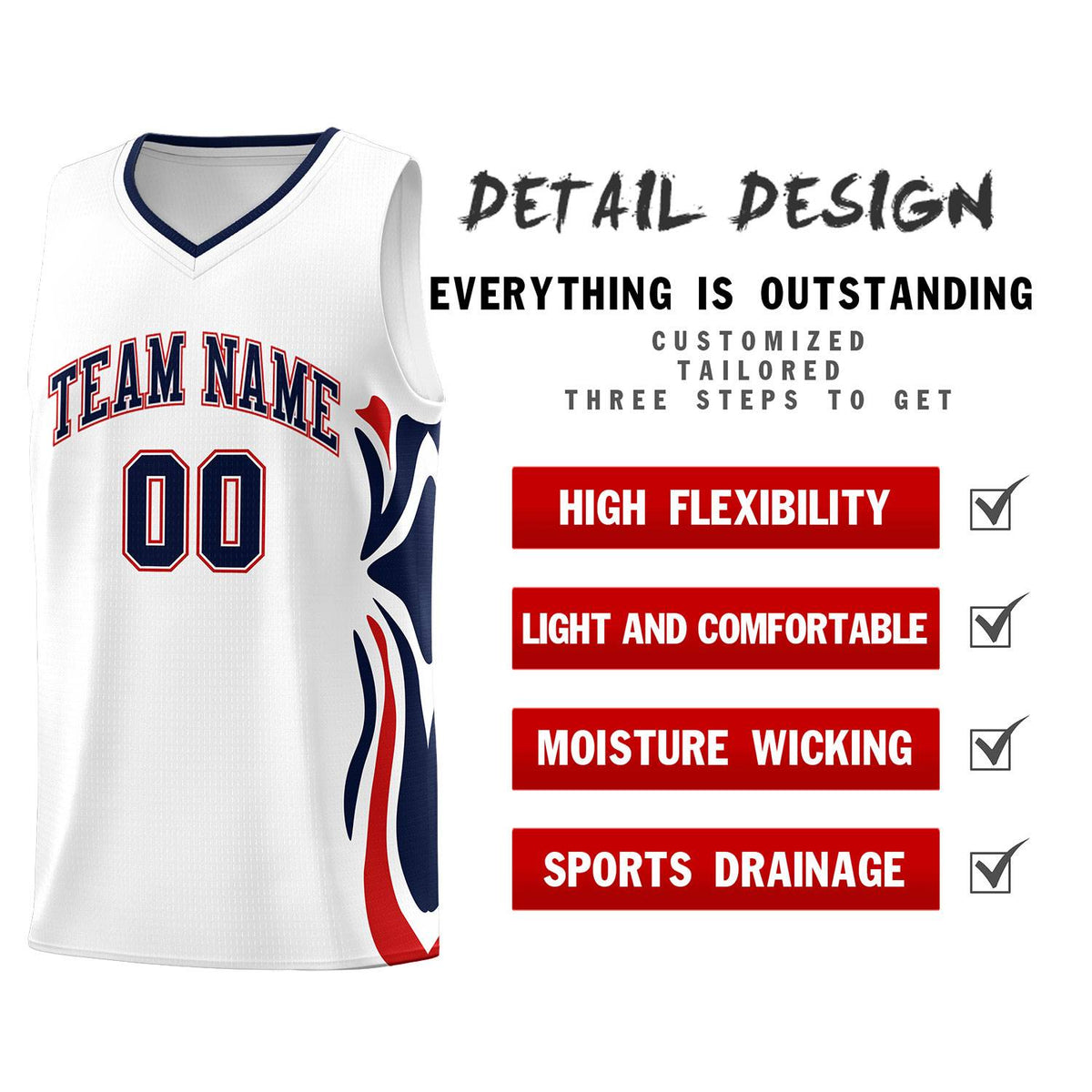 Custom White Navy-Red Graffiti Pattern Side Curve Pattern Sports Uniform Basketball Jersey Sets