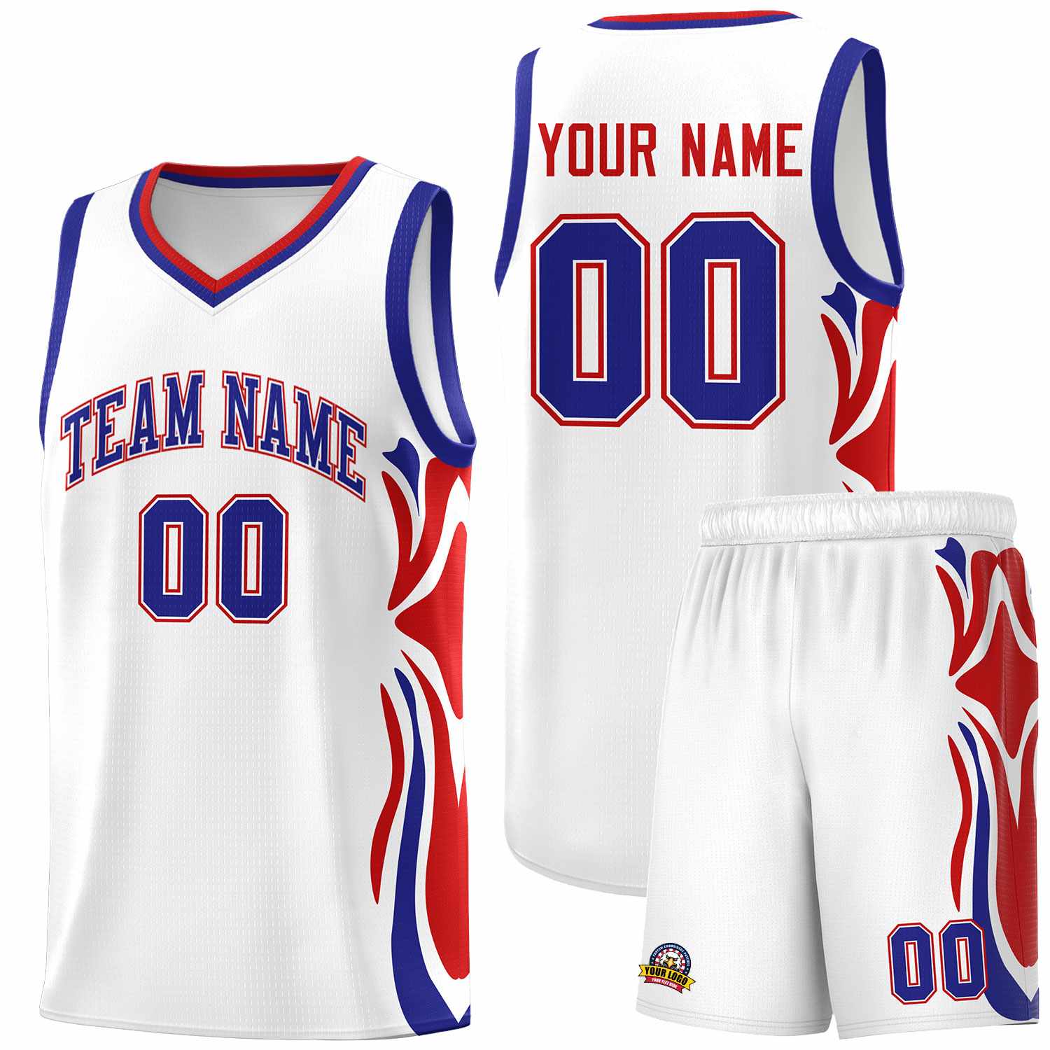 Custom White Royal-Red Graffiti Pattern Side Curve Pattern Sports Uniform Basketball Jersey Sets