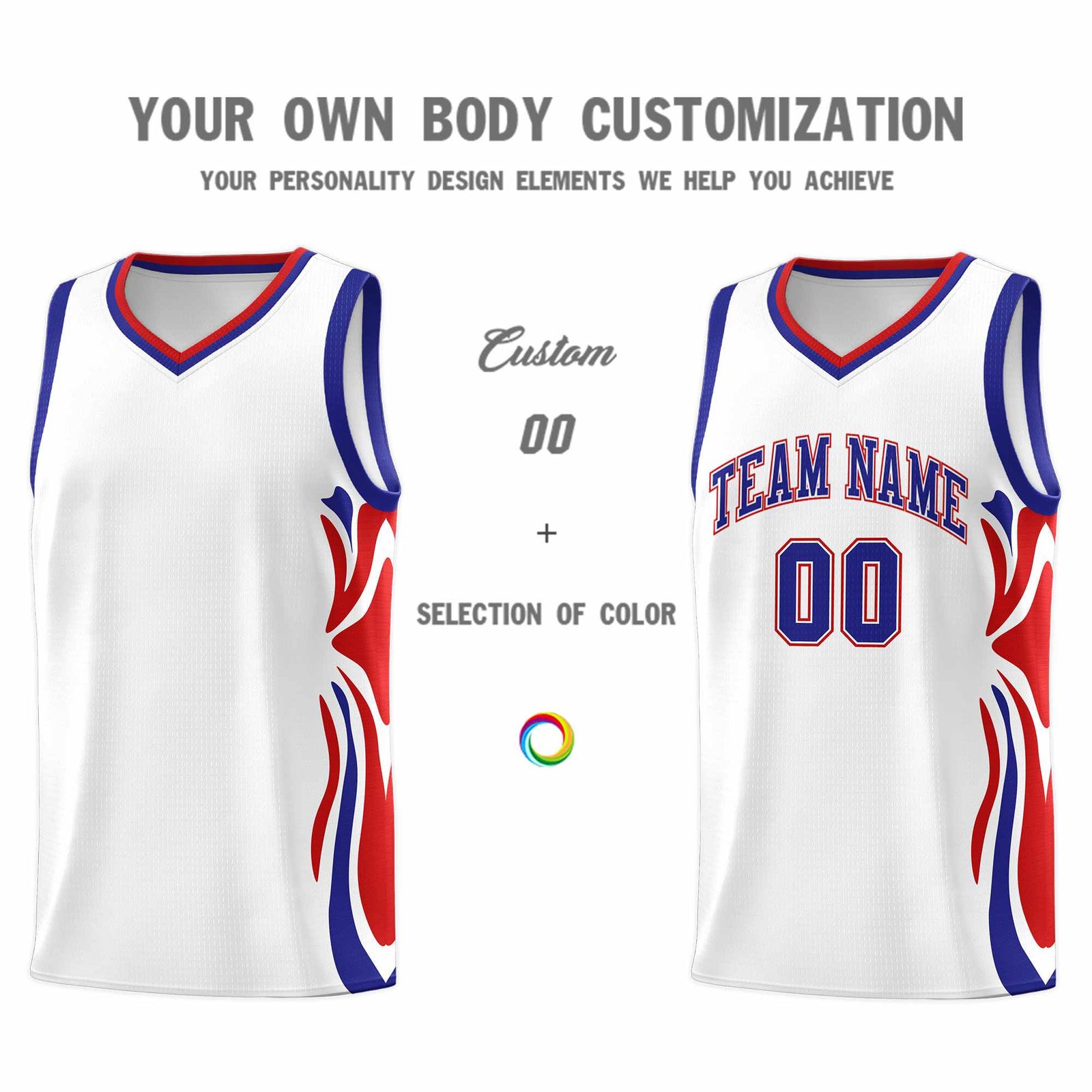 Custom White Royal-Red Graffiti Pattern Side Curve Pattern Sports Uniform Basketball Jersey Sets