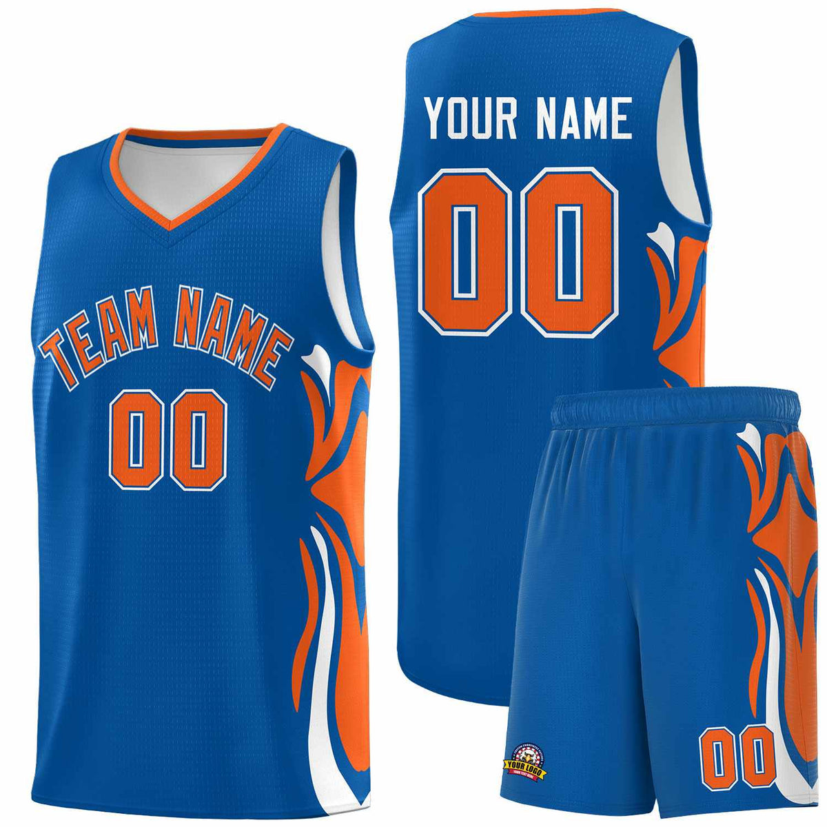Custom Royal Orange-White Graffiti Pattern Side Curve Pattern Sports Uniform Basketball Jersey Sets